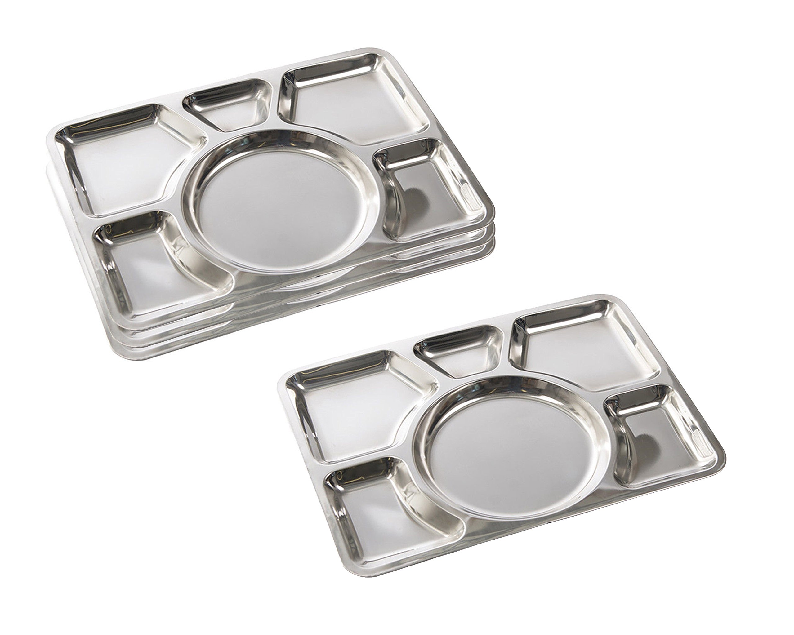 Premium Stainless Steel 6-Compartment Dinner Plate Set - 39.5cm Gurudwara Plate for Parties, Snacks & Mess Halls (Set of 4) - Durable & Elegant Serving Plates for Religious Events, Catering & Home Use