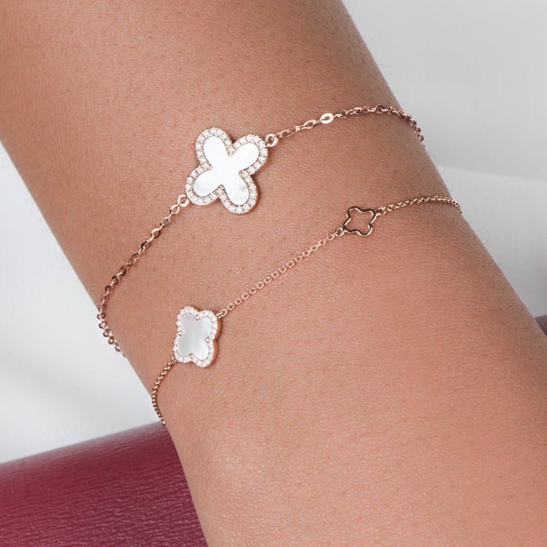 14k Rose Gold Mother of Pearl & Diamond Halo Clover Charm Bracelet - Elegant Jewelry Gift for Women, Perfect for Weddings, Anniversaries & Special Occasions