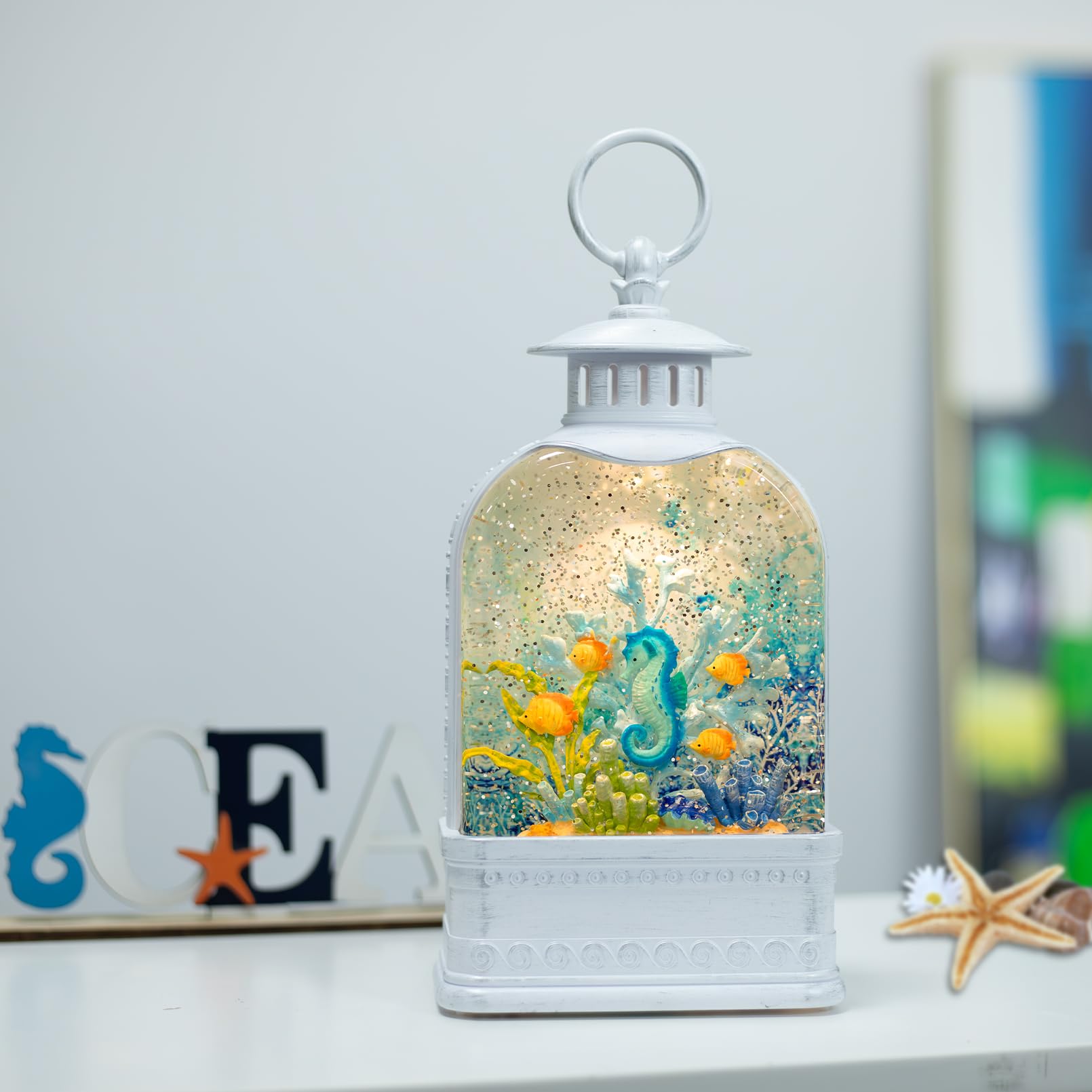 11 Inch Light Up Seahorse Snow Globe with 6H Timer - Ocean Themed Sparkling Nautical Decor for Home, Office, or Summer Beach House - Perfect Gift for Sea Lovers & Coastal Decor Enthusiasts
