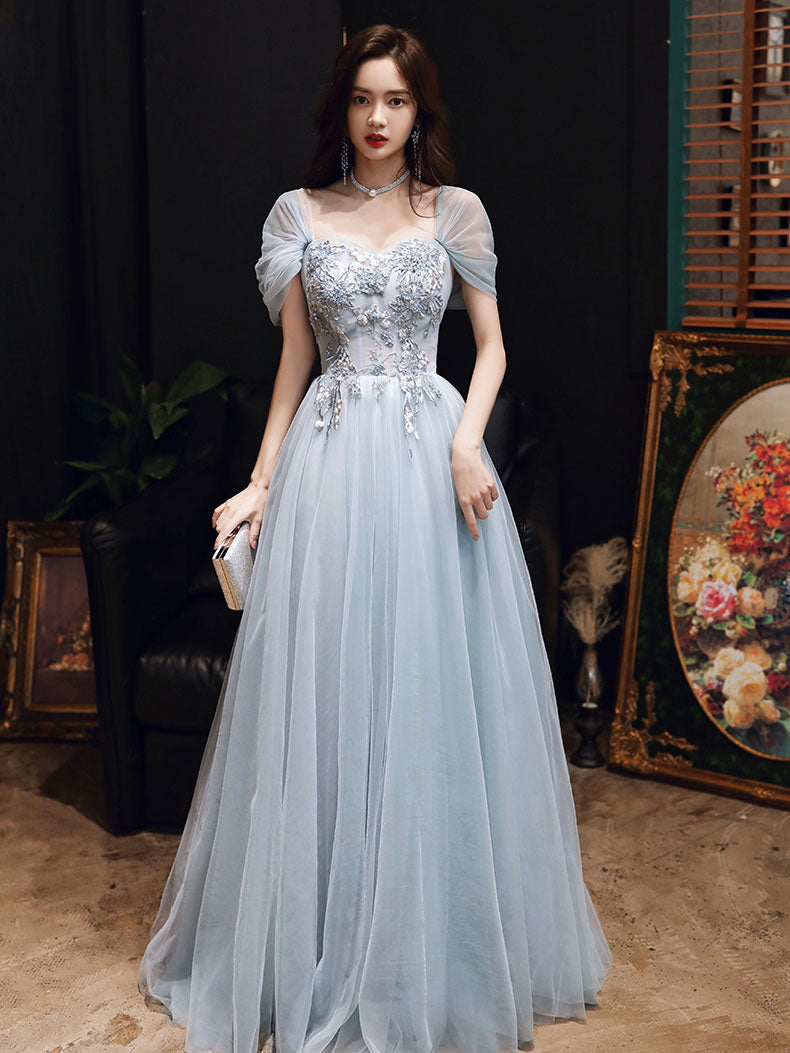 Elegant Blue Tulle Off Shoulder Lace Long Prom Dress - Formal Evening Gown for Homecoming, Wedding, and Special Occasions