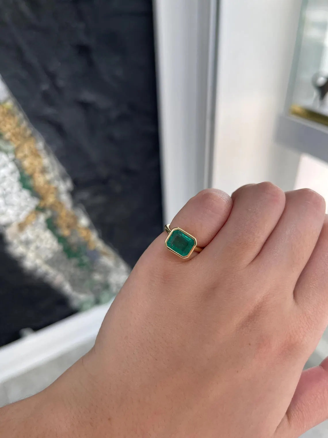 3.26ct Emerald Cut Solitaire Ring with Lush Green Bezel Set - Elegant Jewelry for Weddings, Anniversaries & Special Occasions