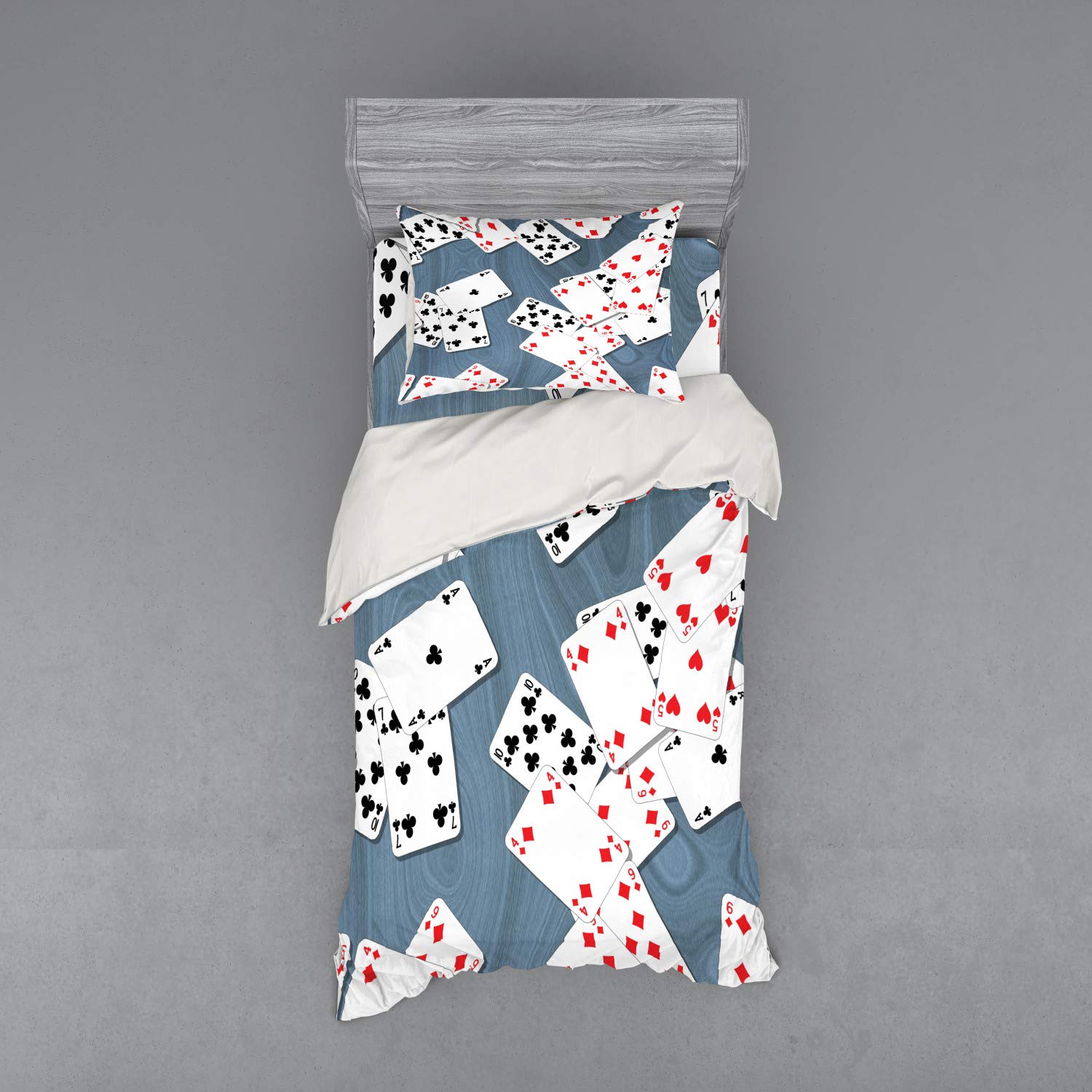 Ambesonne Casino Themed Bedding Set - 3 Piece Duvet Cover with Sham & Fitted Sheet, Twin Size, Slate Blue Red Black - Abstract Playing Cards Design with Metropolitan Tourist Attractions | Perfect for Casino Lovers, Themed Bedrooms & Unique Home Decor