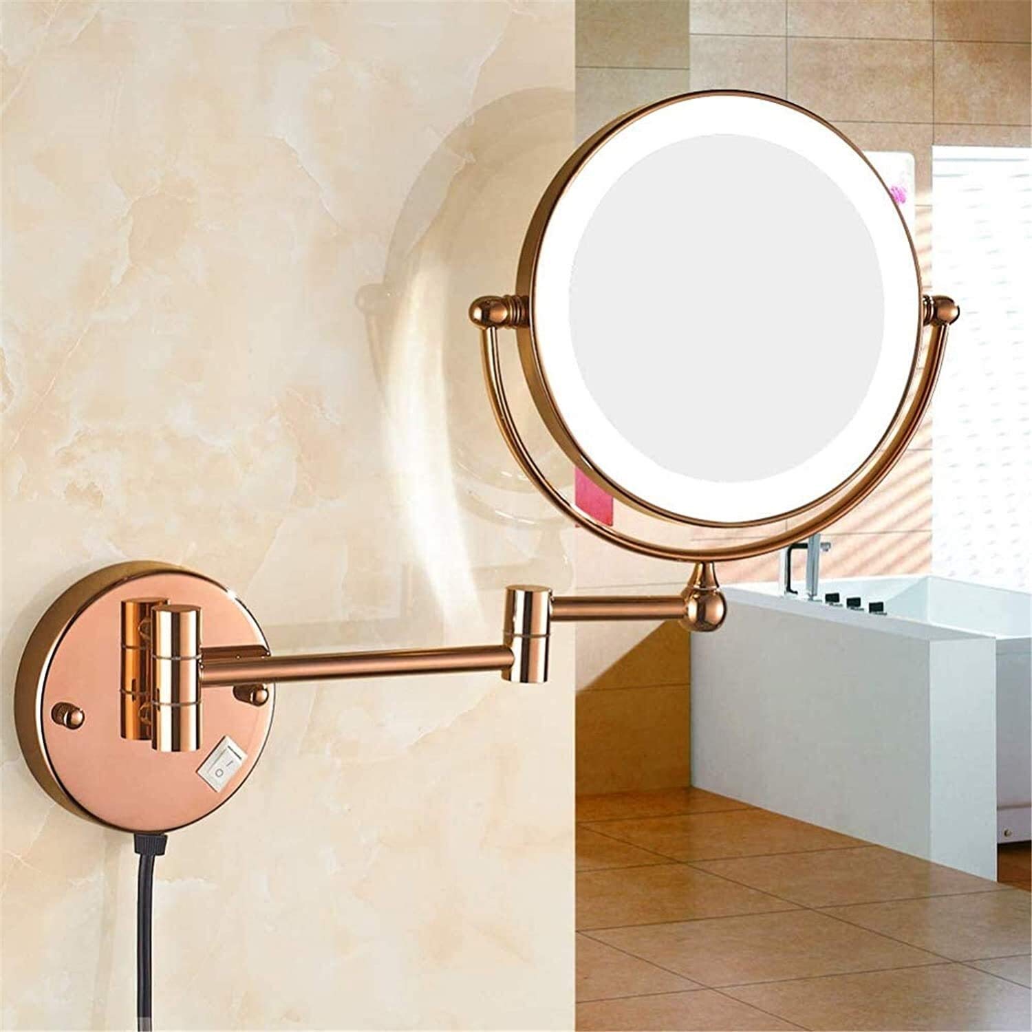 FIDEMM LED Makeup Mirror with Light - Extendable Wall Mounted Vanity Mirror for Bathroom, Shaving & Makeup - Touch Switch & Plug Included (Rose Gold, 7X Magnification) - Perfect for Home, Salon & Travel Use