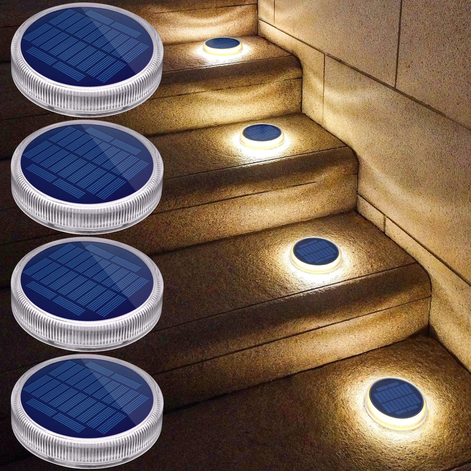YiLaie Solar Step Lights Outdoor Waterproof LED - 4 Pack Warm White Solar Stair Lights for Deck, Yard, Pathway - Perfect for Nighttime Safety & Garden Decoration