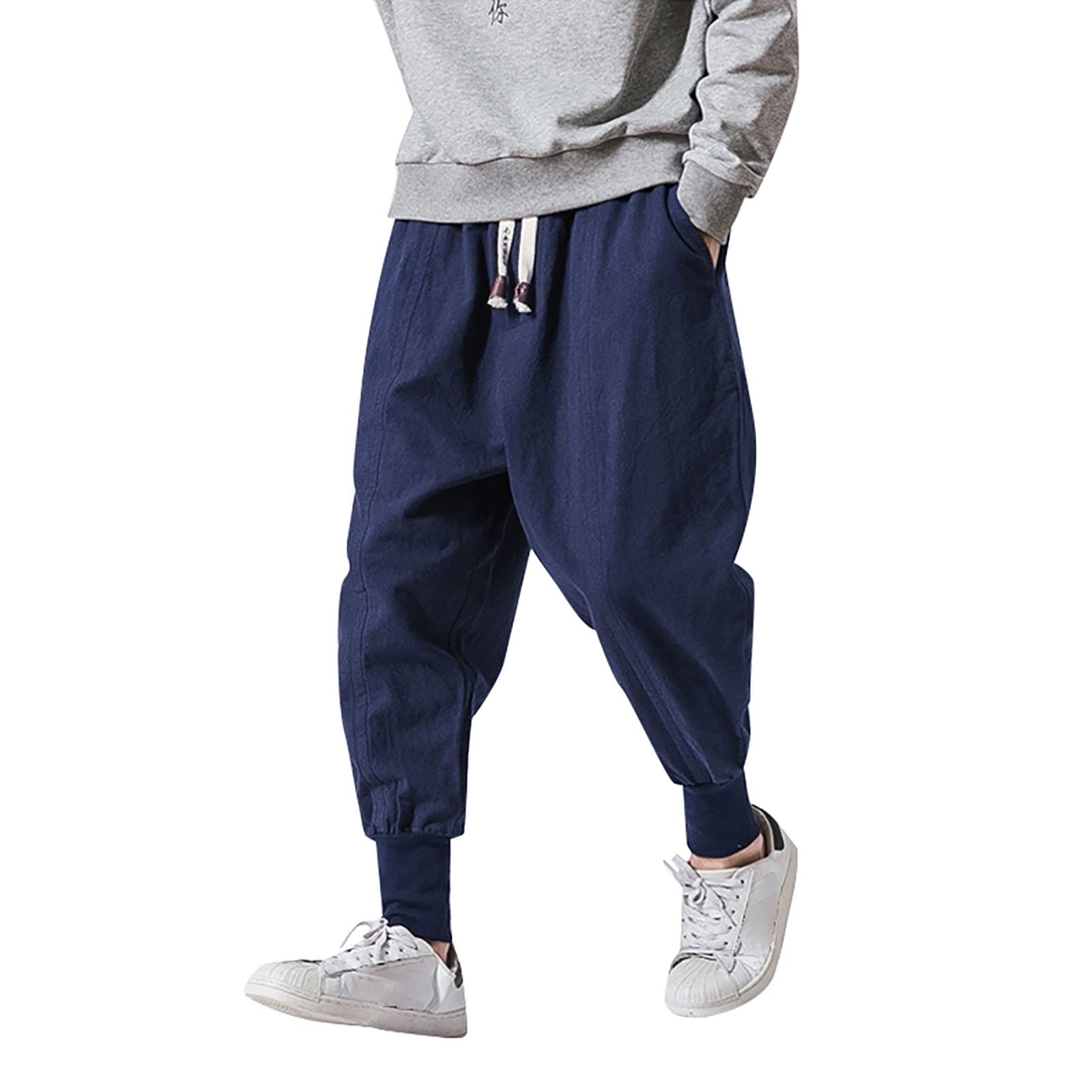 **Men's Elastic Waist Casual Pants - Cotton Linen Blend Drop-Crotch Joggers for Comfort & Style | Perfect for Lounge, Travel & Everyday Wear**