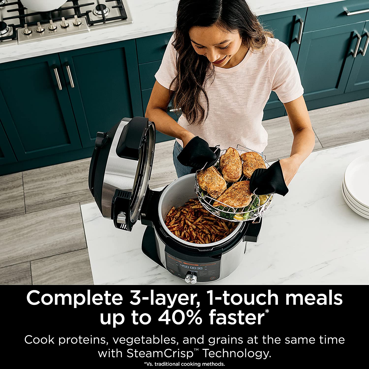 Ninja Foodi XL 8 Qt. 14-in-1 Multi-Cooker with Pressure Cooker, Air Fryer, Steamer & SmartLid - 3 Layer Capacity, 5 Qt. Crisp Basket (Silver/Black, OL601) - Perfect for Family Dinners, Meal Prep & Healthy Cooking