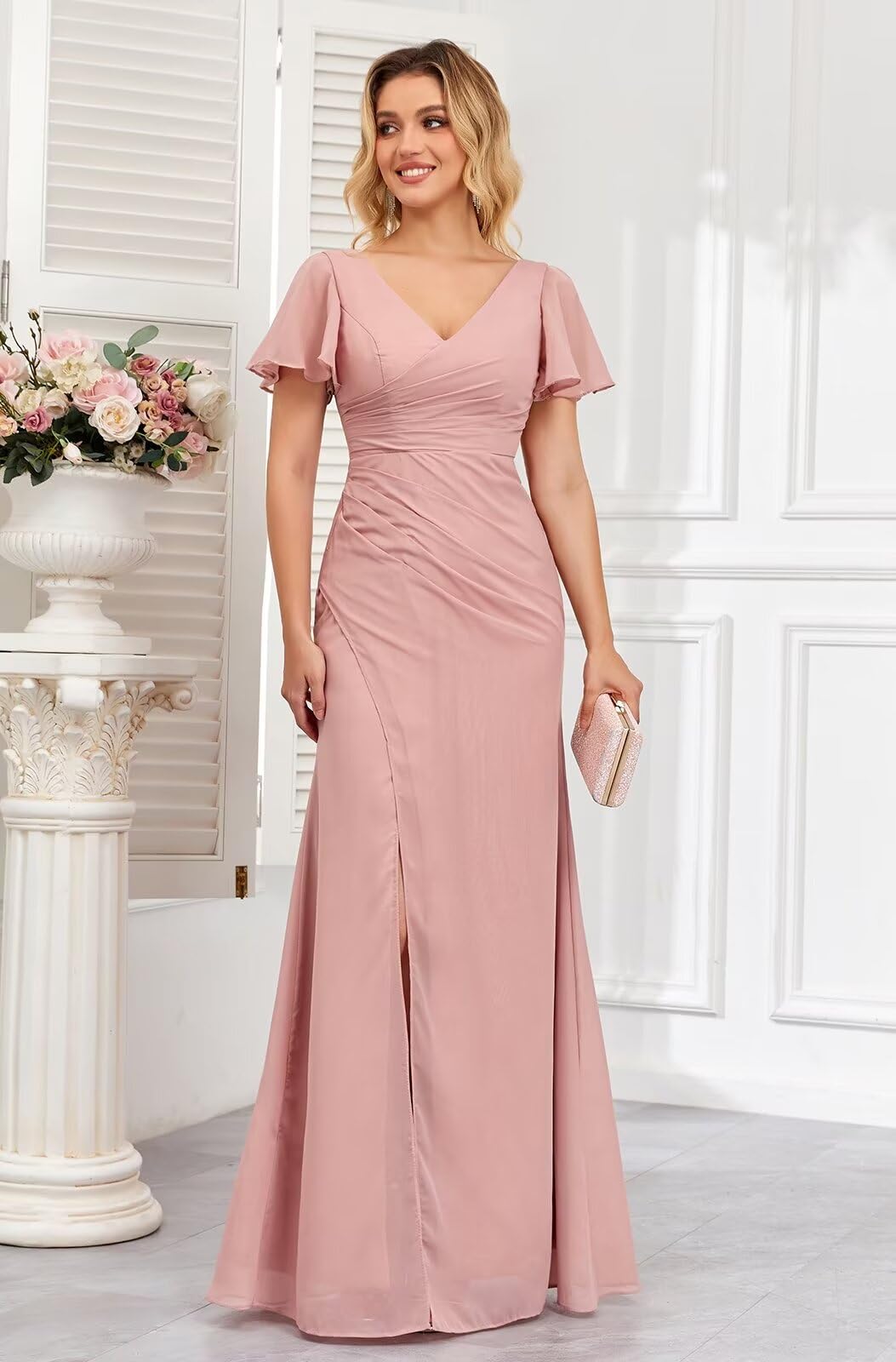 Elegant Chiffon Bridesmaid Dresses - Short Sleeve V-Neck Formal Evening Gown with High Slit | Perfect for Weddings, Parties & Special Occasions