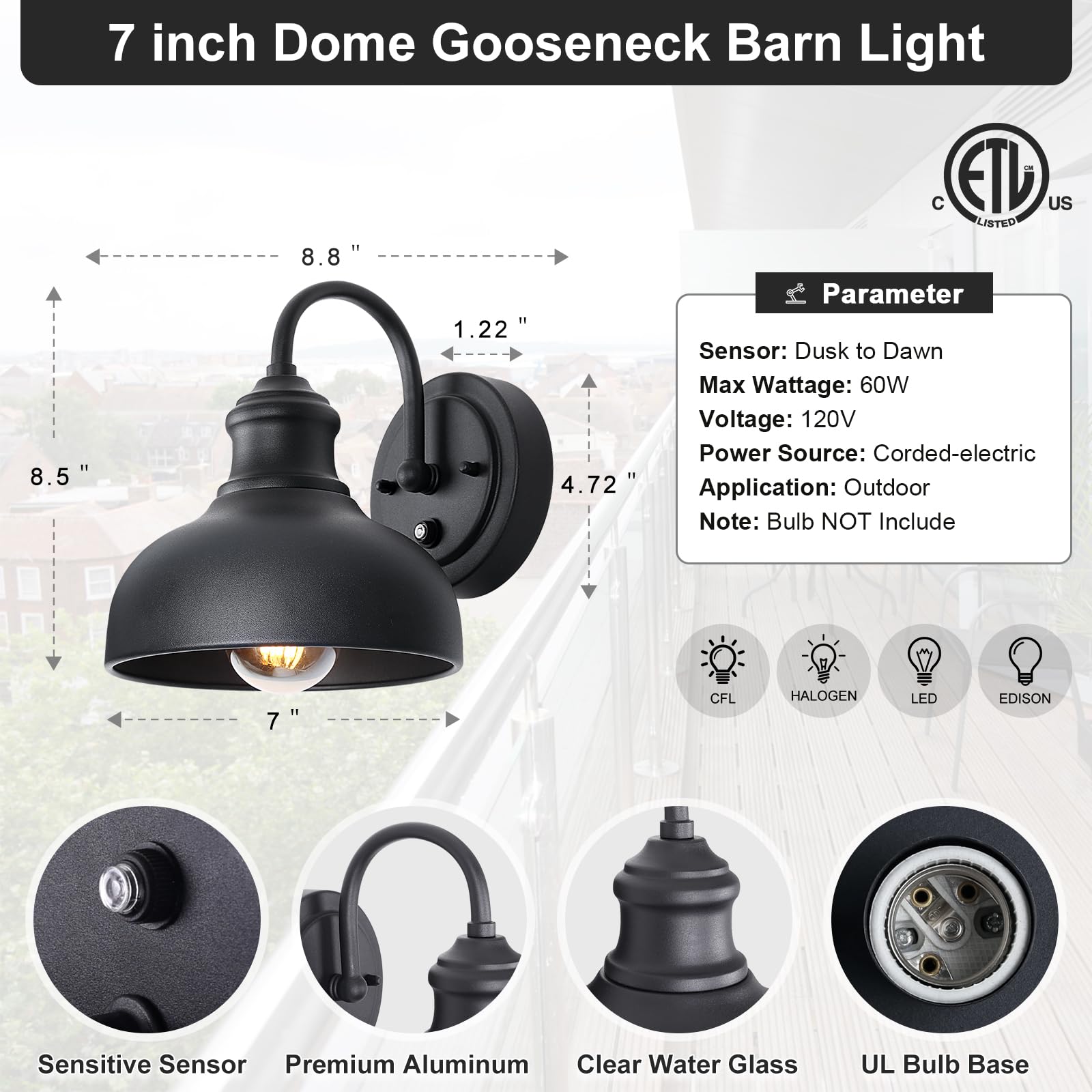 INNOSPARX 7'' Outdoor Barn Light - 2 Pack Black Dusk to Dawn Gooseneck Wall Mount Exterior Lighting for Front Door, Farmhouse, Shed & Garage - Weatherproof Outdoor Wall Sconce with Sensor for Porch, Patio & Entryway