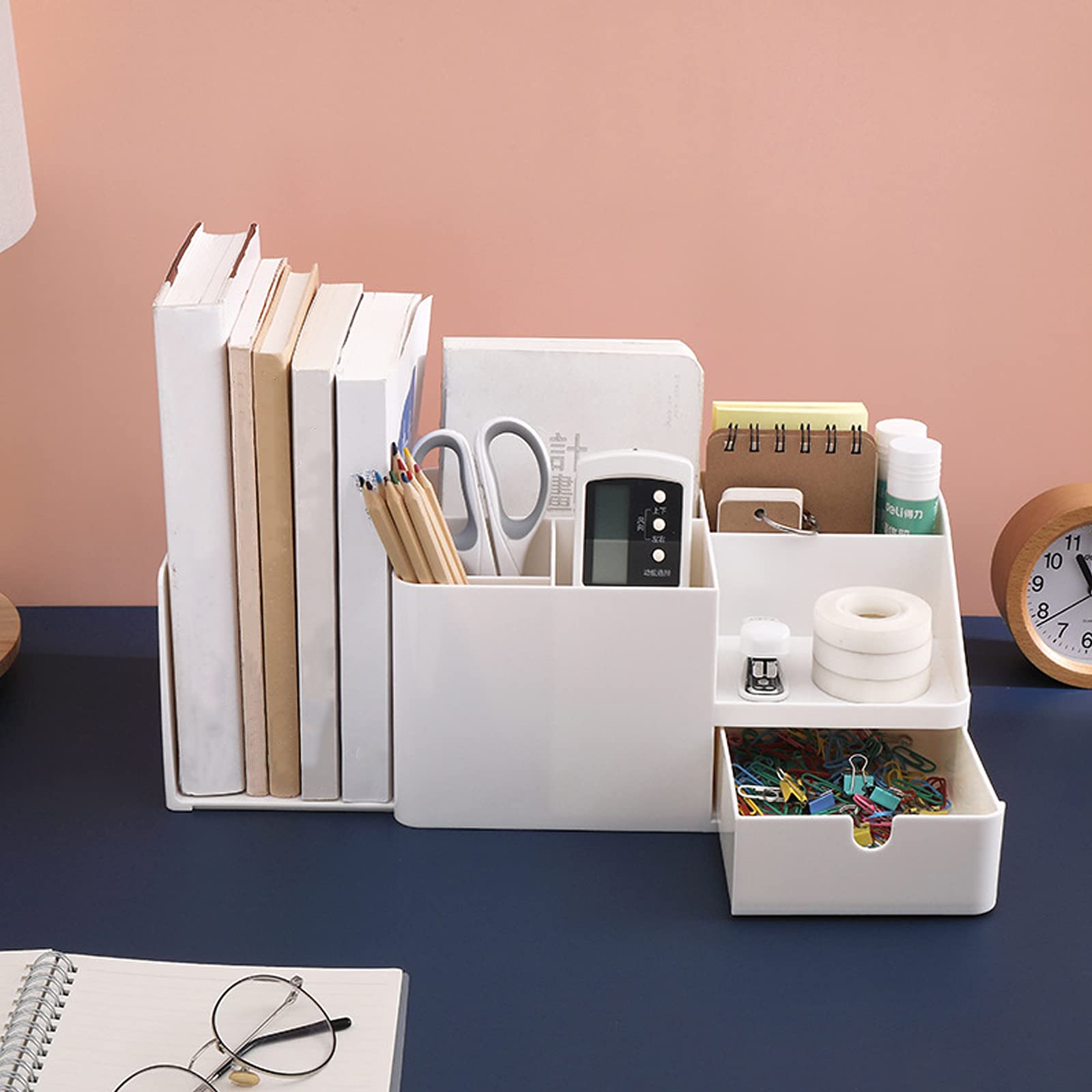 Large Capacity Desk Organizer with Drawer - Beige Plastic Bookend, Pen Holder & Makeup Storage Caddy for Office, Study & Home Organization (Large Size)