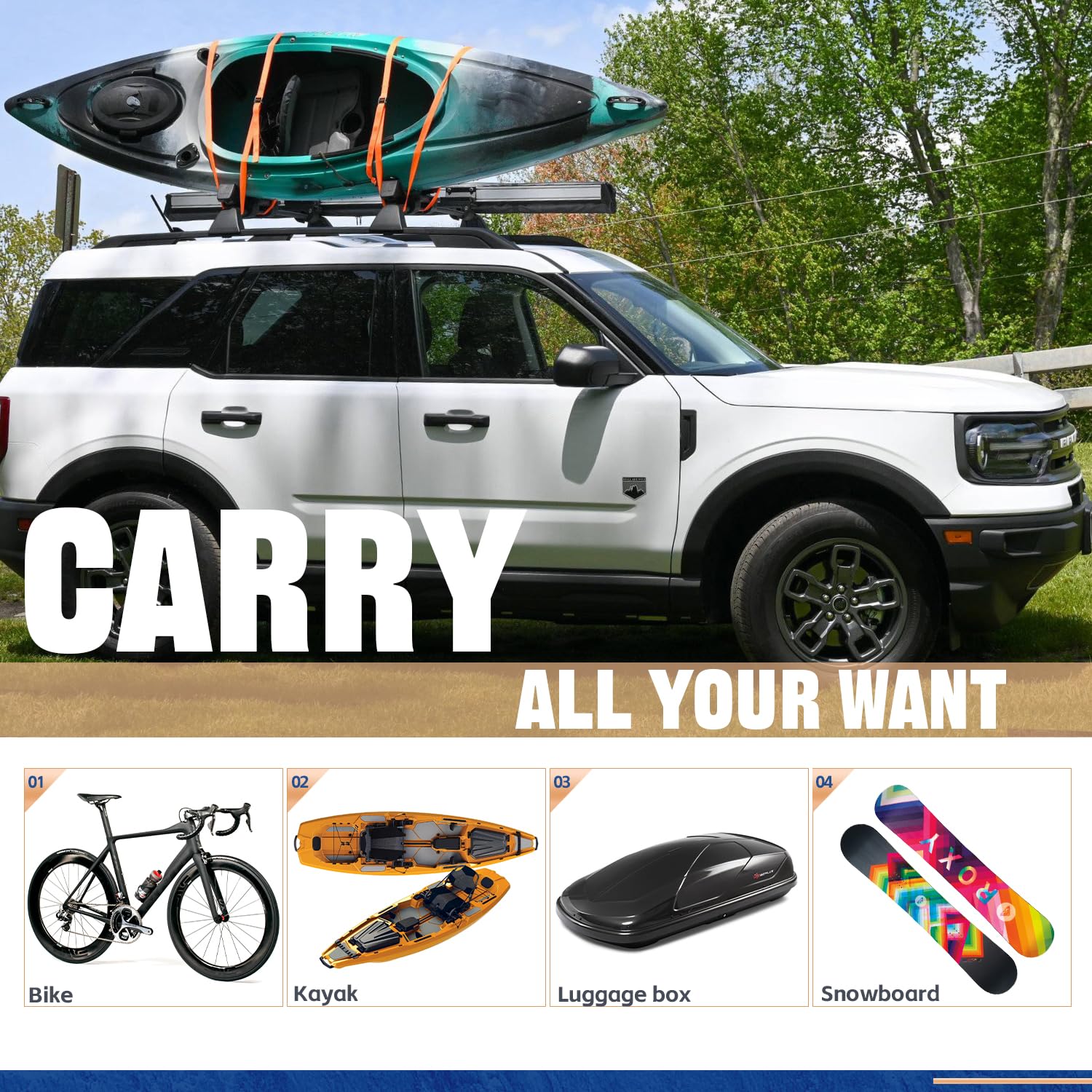 Heavy Duty 265 LBS Roof Rack Cross Bars for Ford Bronco Sport (2021-2025) - Adjustable Off-Road Luggage Rack System for First Edition, Outer Banks & Badlands Trims | Perfect for Camping Gear, Kayaks & Outdoor Adventures