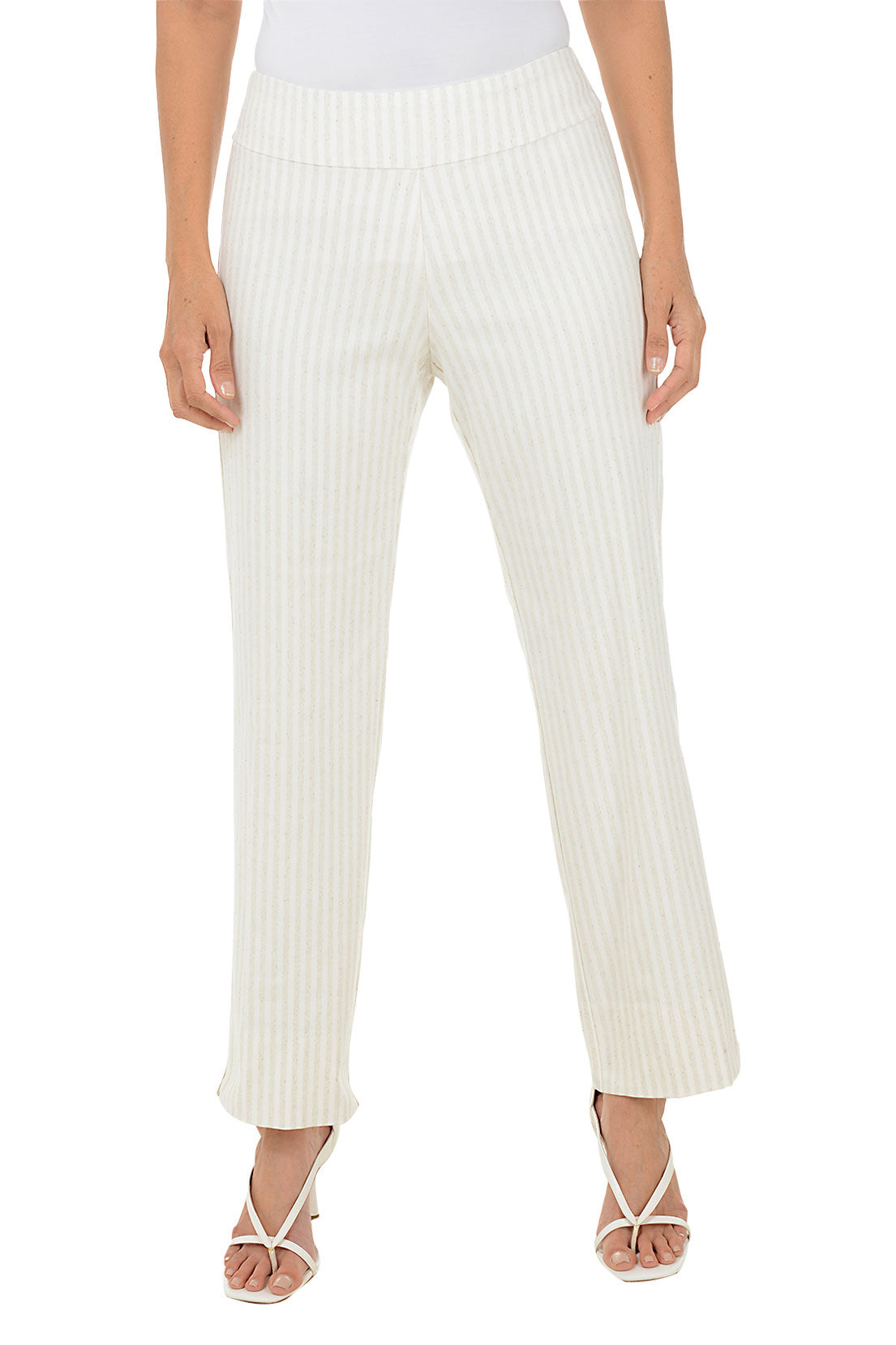 Stylish Oatmeal Stripe Flared Ankle Pants for Women - Comfortable High Waist Wide Leg Trousers for Office, Casual & Date Night Outfits