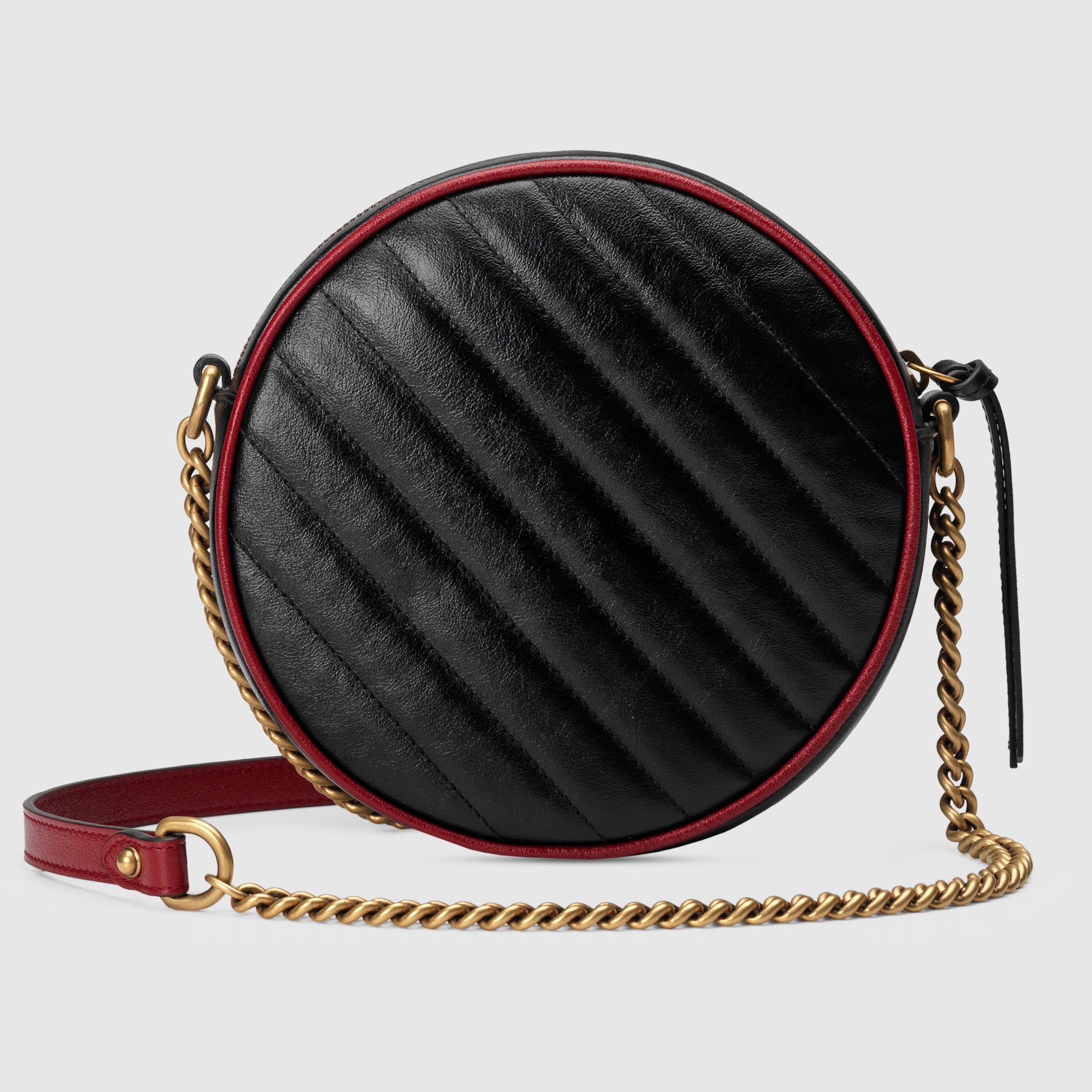 Gucci GG Marmont Mini Round Shoulder Bag Black Cerise - Luxury Leather Crossbody Purse for Women, Perfect for Date Night & Evening Events