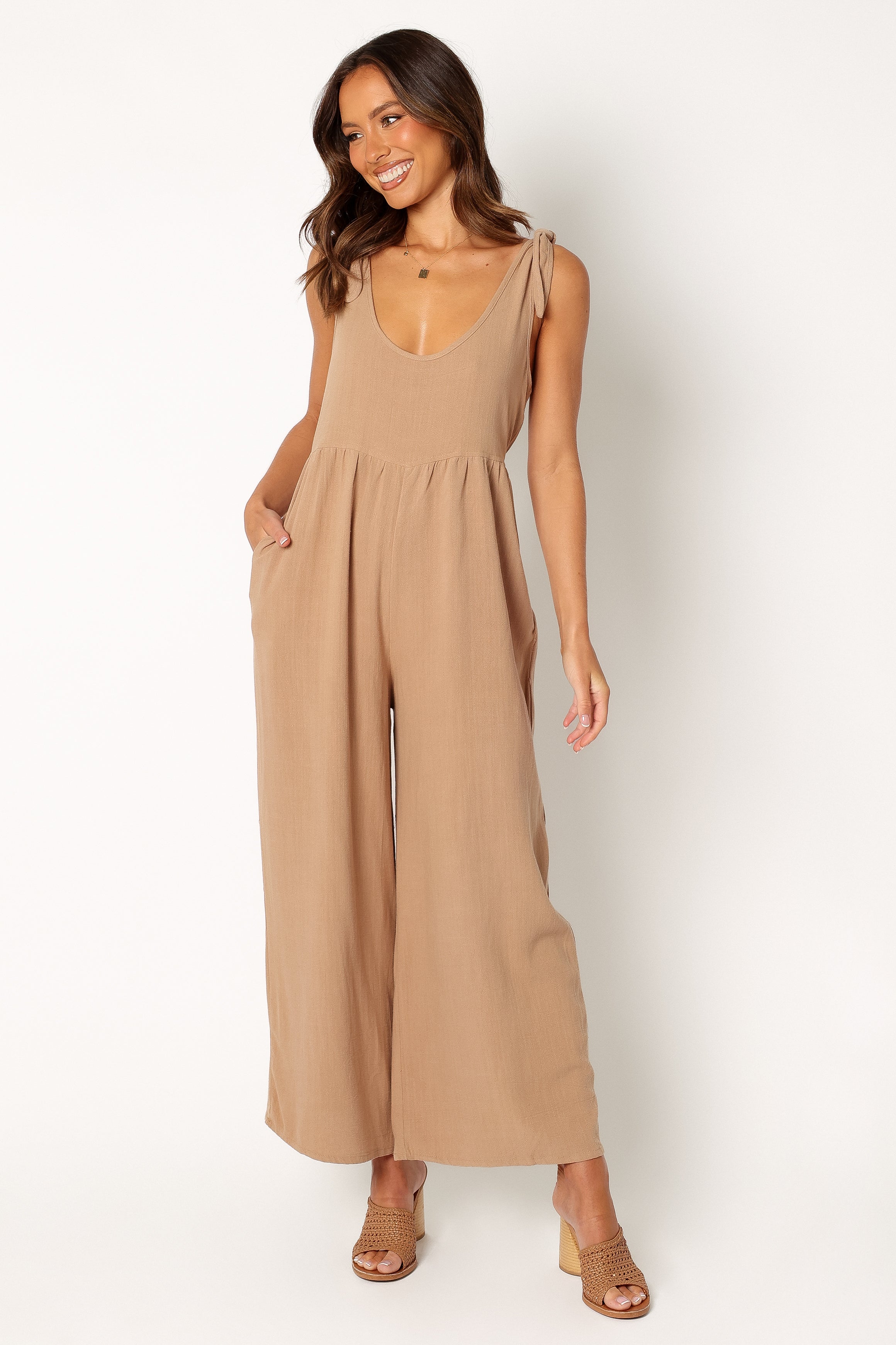 Ayla Linen Jumpsuit for Women - Comfortable Mocha Brown Romper with Pockets | Perfect for Summer, Beach Vacation & Casual Outings