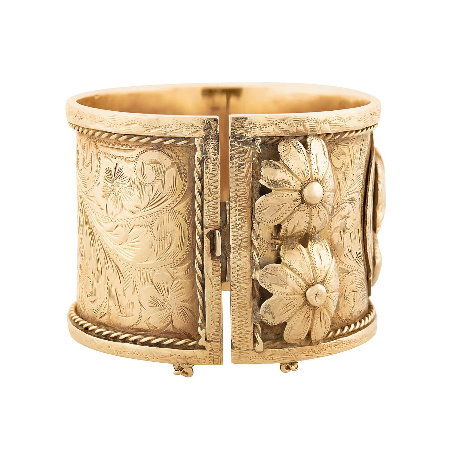 Vintage 14k Gold Gypsy Roma Bangle Cuff Bracelet for Women - Boho Chic Jewelry for Parties, Weddings & Everyday Wear