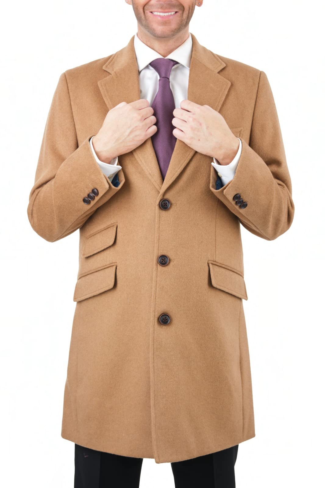 Premium Men's Wool Cashmere Blend Single-Breasted Overcoat - Camel Tan 3/4 Length Winter Top Coat for Business & Formal Occasions | Office Wear, Weddings & Cold Weather Fashion