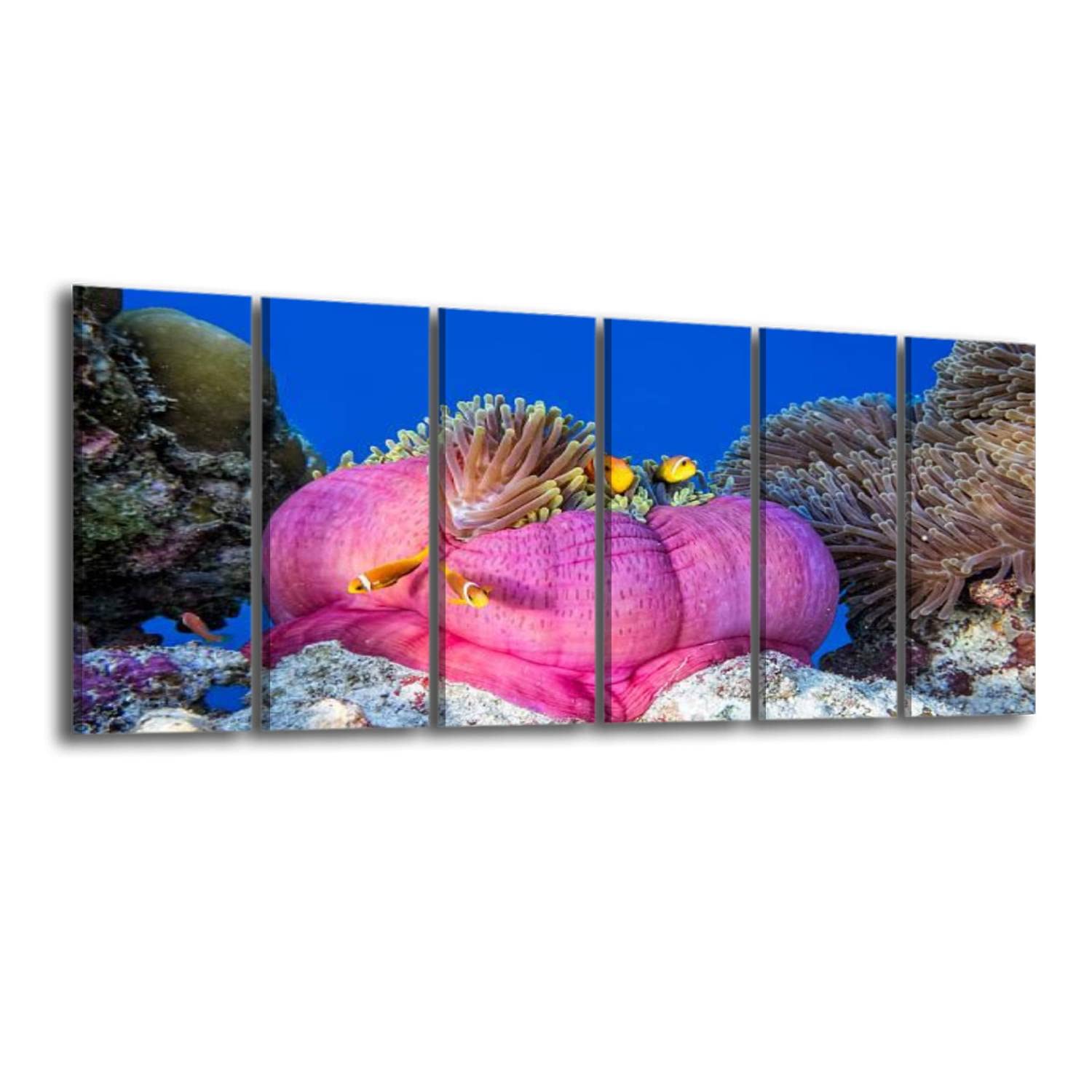 6 Panels Canvas Wall Art - Sea Anemone with Clownfish Shoal in Maldives, Stretched & Framed Ocean Painting for Living Room & Bedroom Decor | Ready to Hang | Perfect for Coastal, Beach House or Nautical Theme Interiors
