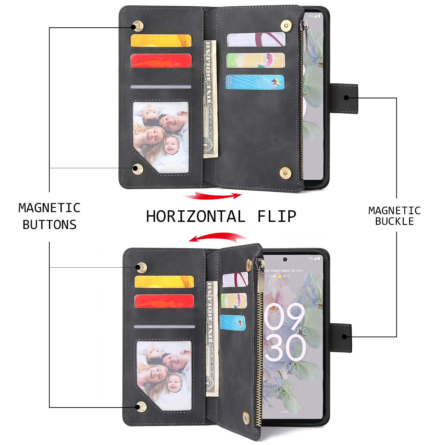 Google Pixel 7 Pro Magnetic Wallet Case - Premium Leather Flip Cover with 6 Card Slots, Hand Strap & Zipper Pocket | Shockproof Stand Case for Men & Women (Black) | Perfect for Daily Commute, Travel & Business Use