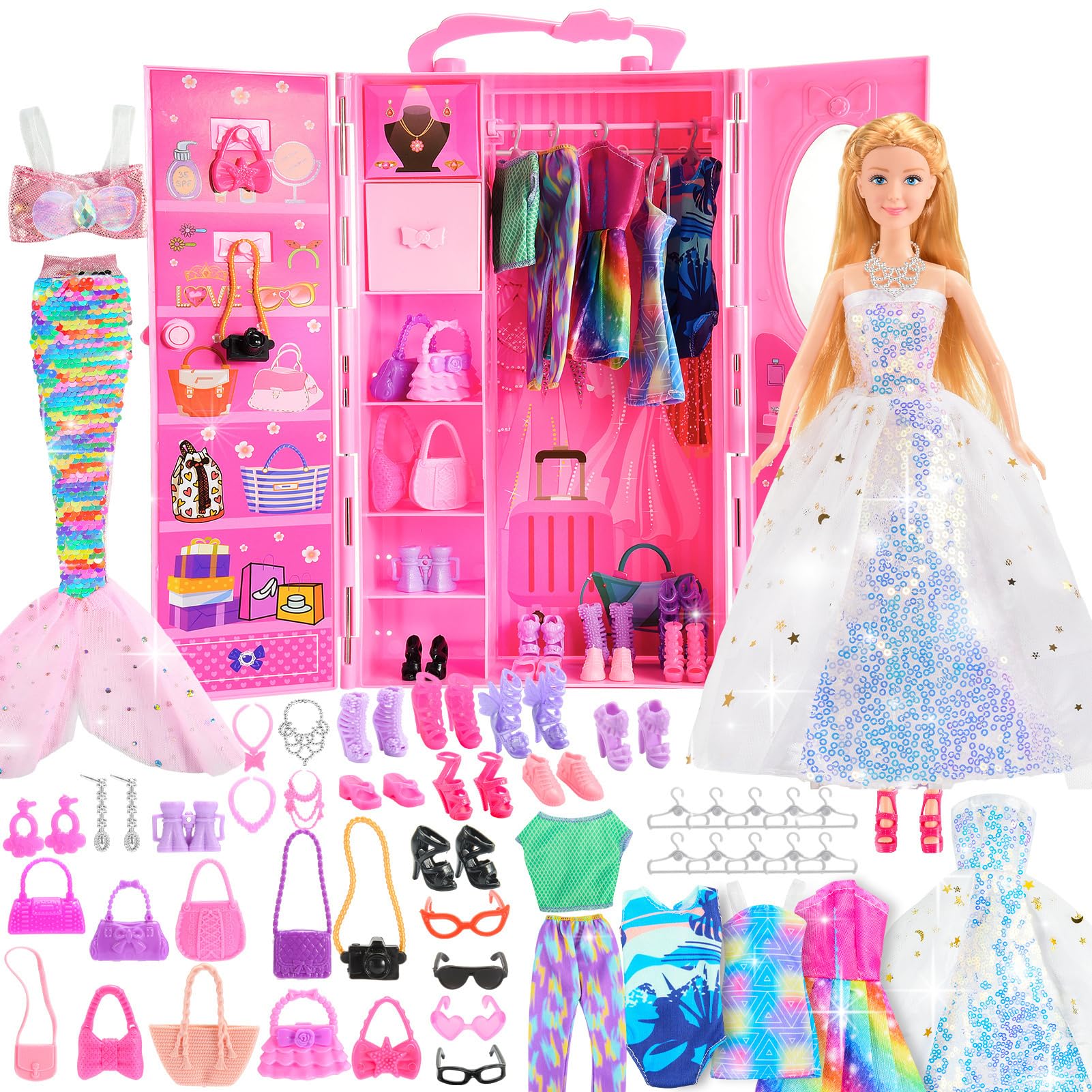 Mermaid Doll Closet Set with Clothes & Accessories - Gift for Girls 3-12 - Pretend Play & Dress Up Fun