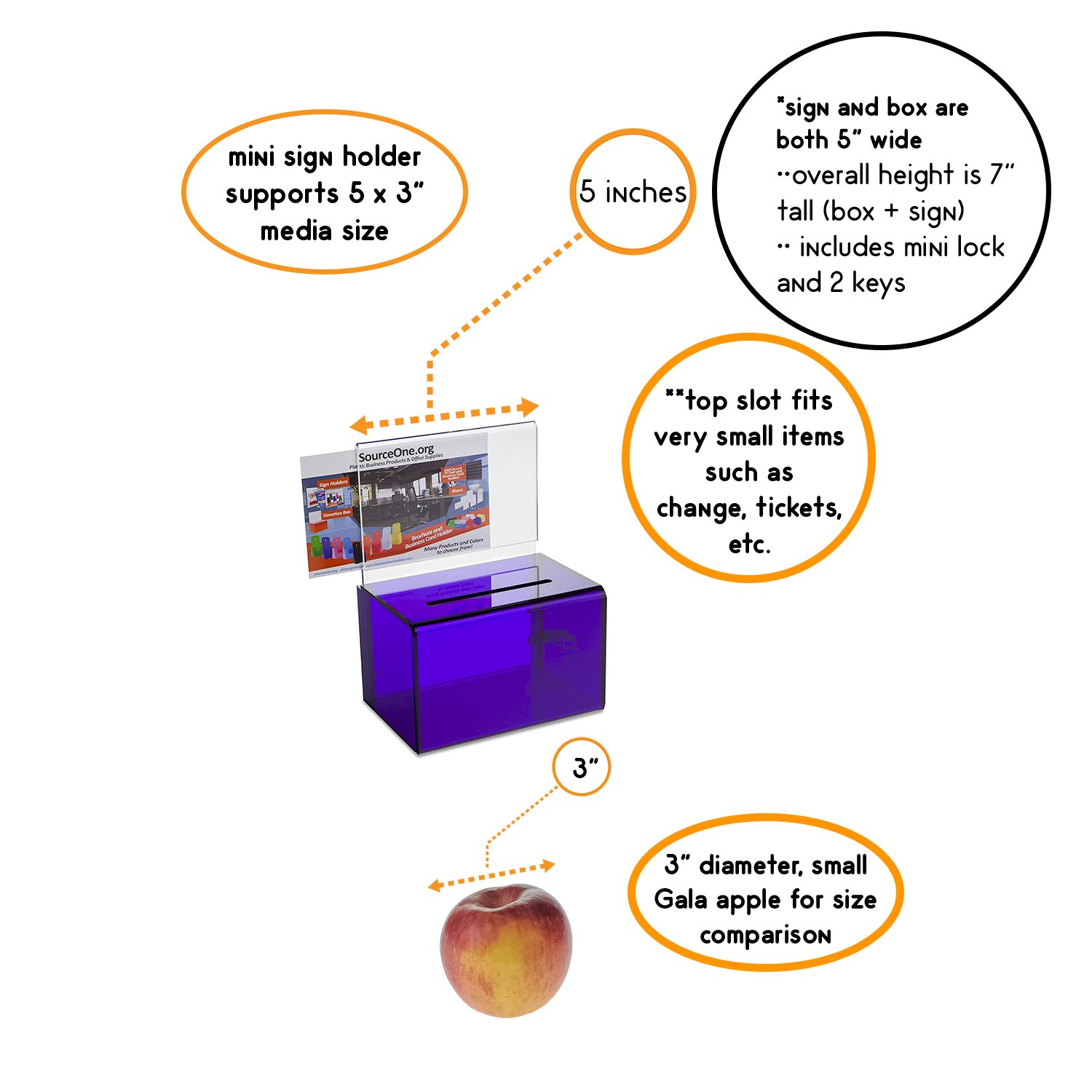 Source One Small 5-Inch Wide Deluxe Oblong Donation Box with Ad Frame & Free Lock (Purple) - Perfect for Charity Events, Fundraisers, Churches, and Retail Stores