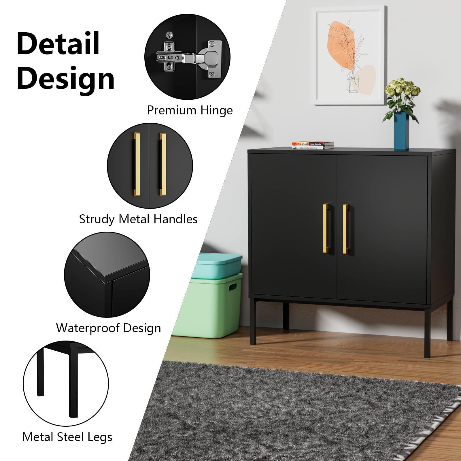 CARPETNAL 2-Piece Accent Storage Cabinet Set with Doors & Adjustable Shelves - Freestanding Buffet Sideboard for Living Room, Dining Room, Kitchen, Hallway - Modern Home Organization Furniture (Black) | Perfect for Displaying Decor, Storing Dishes & Creating Extra Counter Space