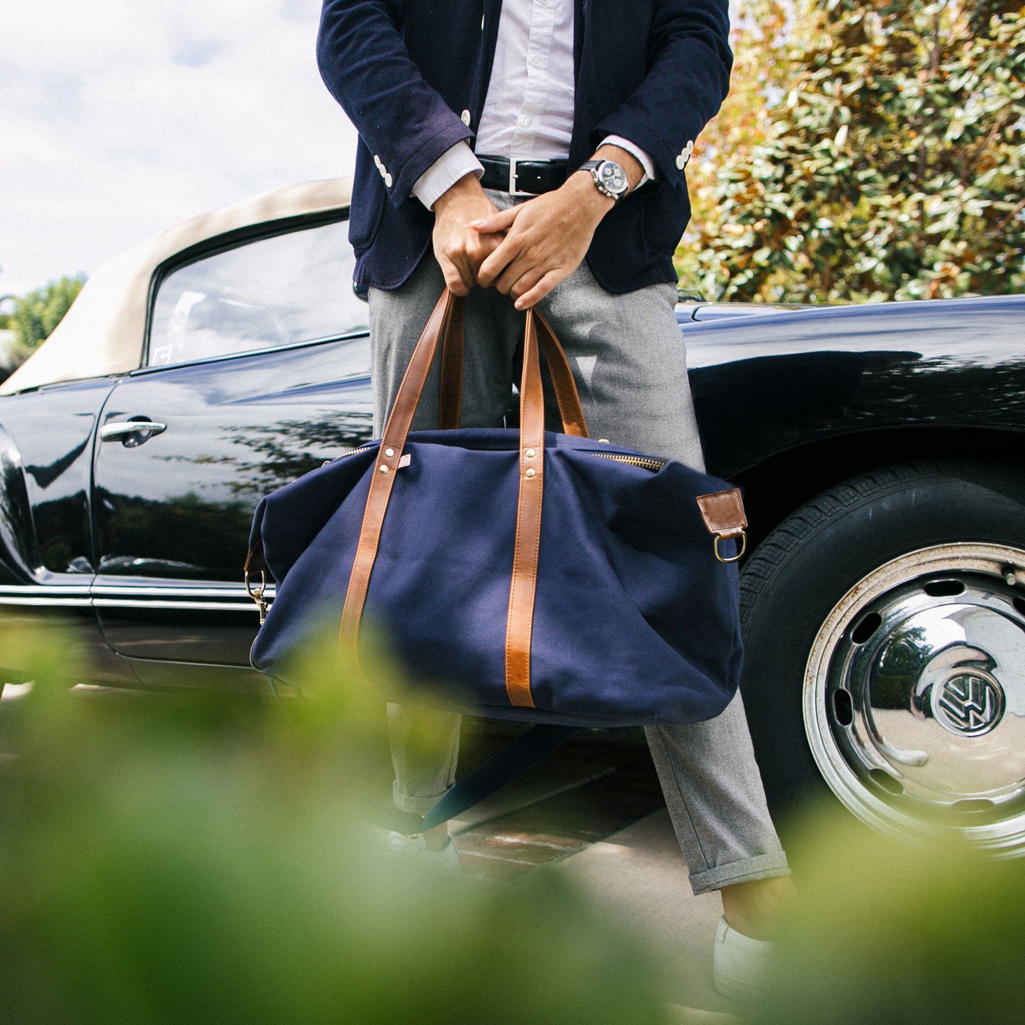 Hudson Sutler Large Canvas and Leather Duffel Bag - Midnight Navy/Whiskey Brown - Perfect for Travel, Gym & Weekend Getaways