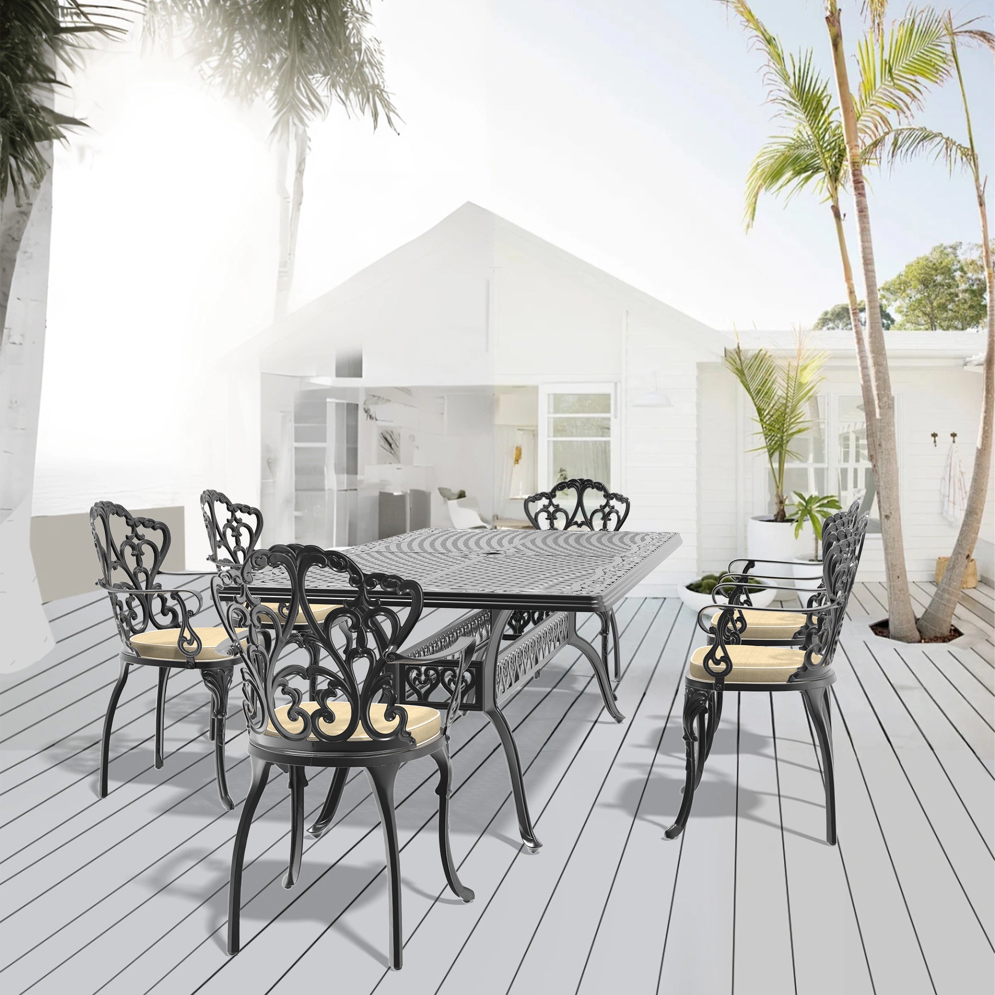 7-Piece Cast Aluminum Patio Furniture Set with Cushions - Outdoor Dining & Lounge Set for Garden, Poolside, Backyard - Random Color Cushions Included (Item Code W1710S00173)
