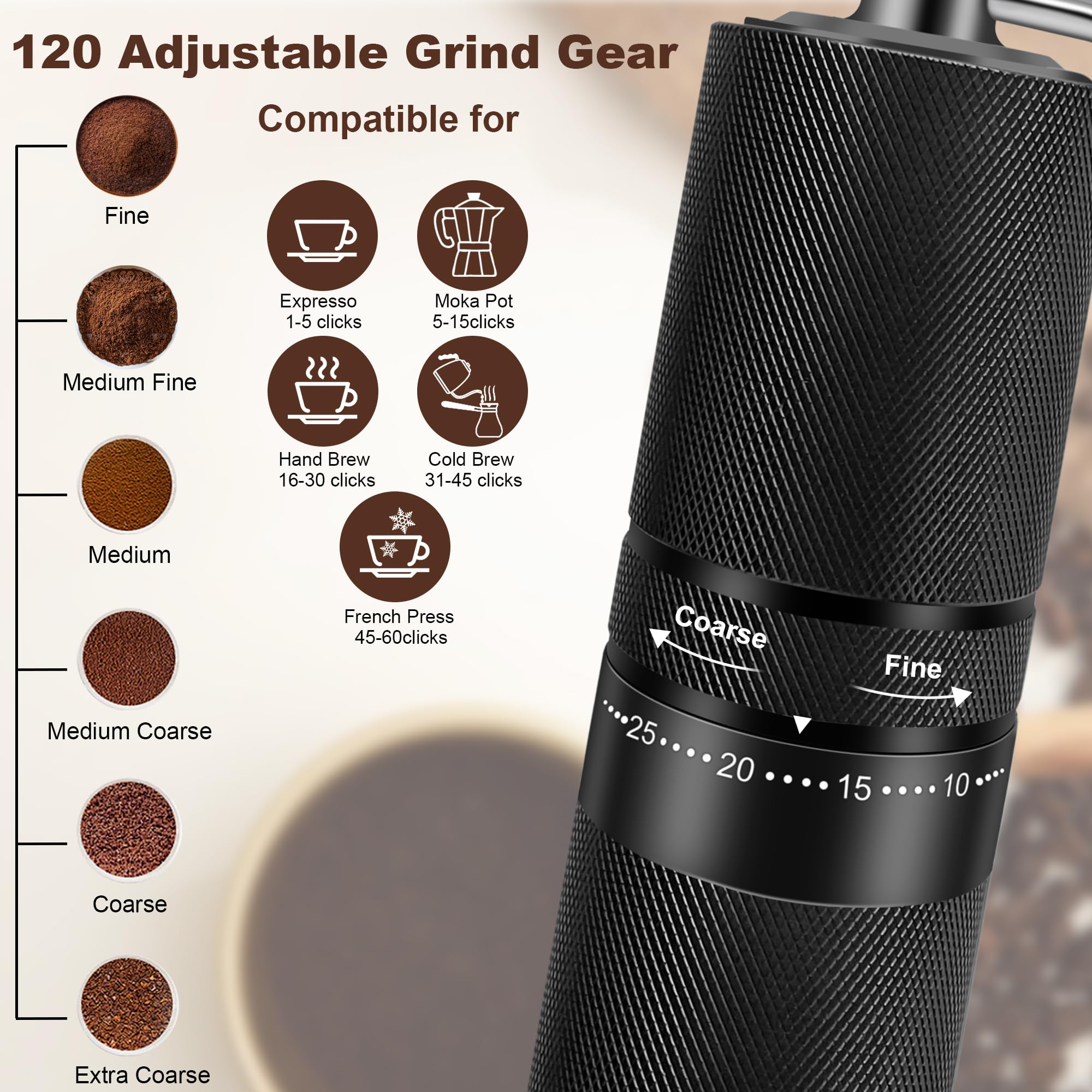 Premium Manual Coffee Grinder - 120 Adjustable Settings Stainless Steel Conical Burr Mill for Espresso, French Press & Moka Pot - 28g Capacity Hand Crank Bean Grinder - Perfect for Home Brewing, Camping & Travel