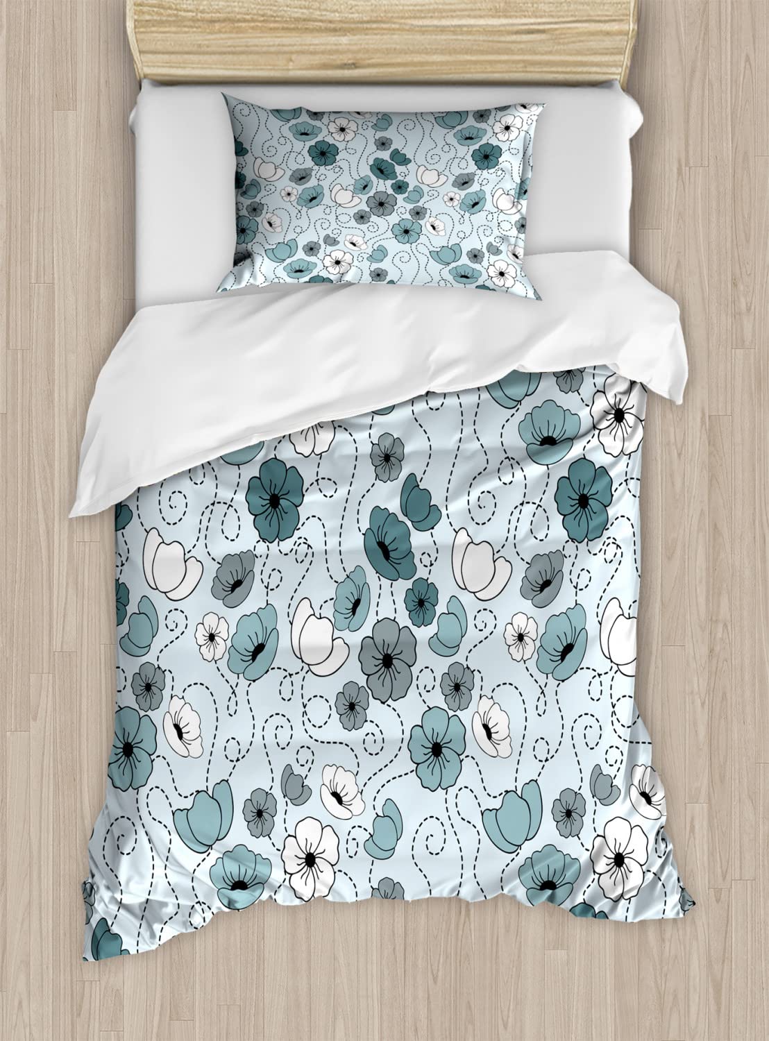 Ambesonne Floral Duvet Cover Set - Twin Size 2-Piece Bedding Set with Botanical Doodle Print, Grey Blue & White Daisy Design for Spring Summer Decor | Perfect for Guest Rooms, Dormitories & Cozy Bedroom Makeovers