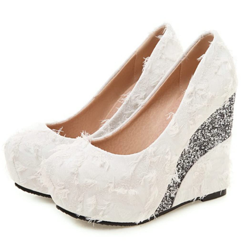 Meefit Women's Glitter Wedge Platform Pumps - Closed Toe High Heel Shoes for Party, Wedding & Evening Events