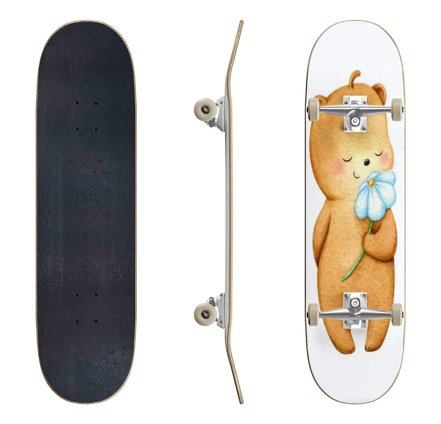 Cute Bear Character Skateboard with Flower Design - Classic Concave Longboard for Beginners & Pros | Perfect Teen Gift for Extreme Sports & Street Skating