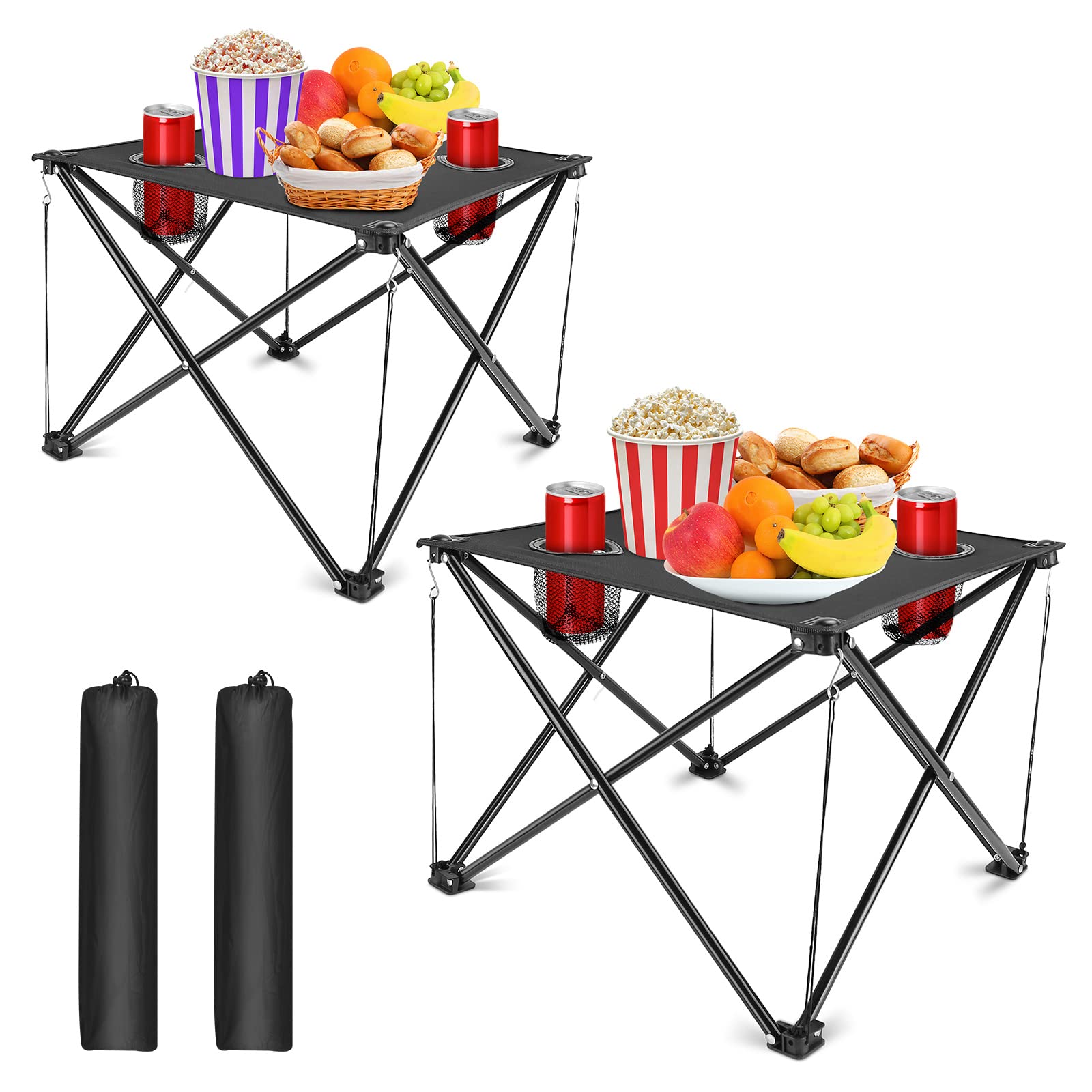 Portable Folding Camping Side Table with 2 Cup Holders & Carrying Bag - Lightweight Outdoor Beach Table for Picnic, Camping, Boat & Travel - 600D Canvas & Steel Frame (2 Pack) - Perfect for Backyard BBQs, Beach Parties and RV Adventures