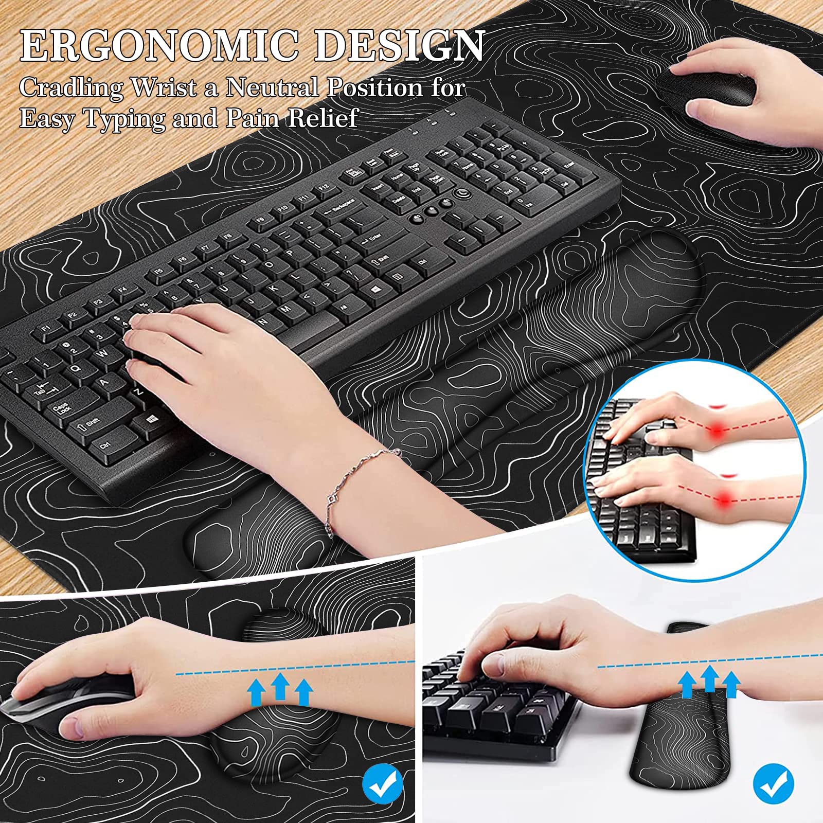 Keepcute Large Gaming Mouse Pad Set - 35.4 x 15.7 Inch Non-Slip Rubber Base Topographic Mouse Mat with Waterproof Stitched Edges for Keyboard & Desk Protection | Perfect for Office, Gaming & Home Workspace