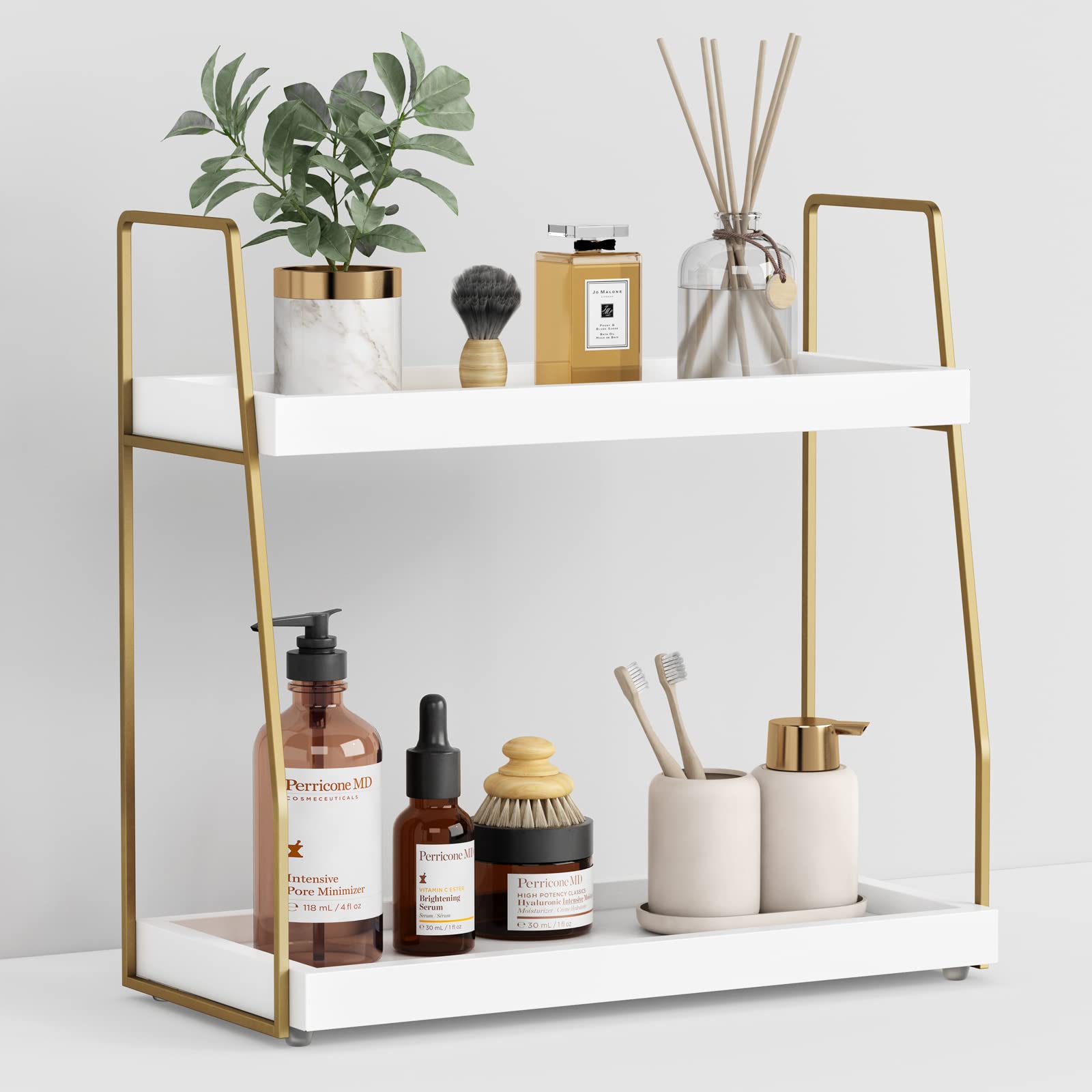 Forbena 2-Tier White and Gold Wooden Bathroom Organizer Shelf - Countertop Vanity Tray for Makeup, Jewelry & Toiletries Storage - Perfect for Bathroom Decor, Bedroom Corner & Sink Organization