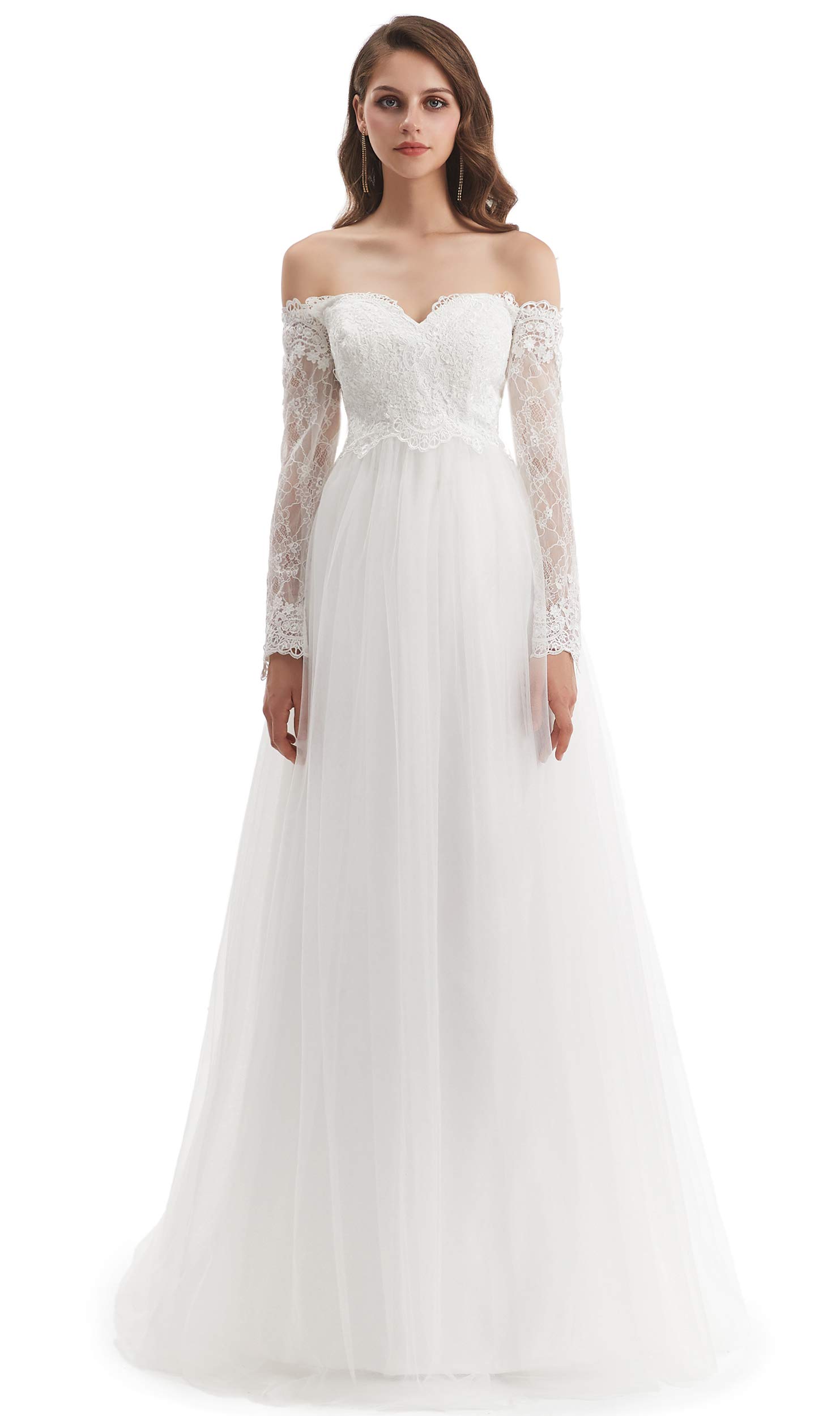 Elegant Women's Long Sleeve Lace Applique Beach Wedding Dress - Perfect for Beach Ceremonies, Destination Weddings & Romantic Photoshoots