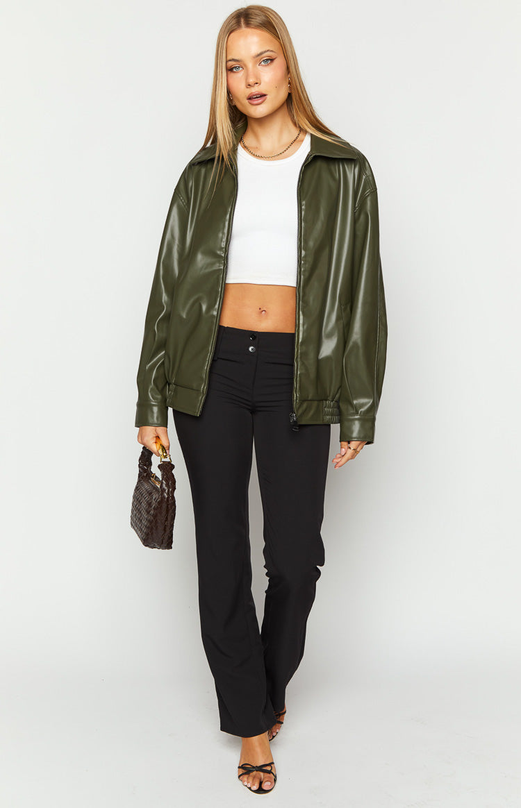 Abbi PU Olive Bomber Jacket for Women - Stylish Vegan Leather Jacket with Zipper Closure, Lightweight Fall Outerwear for Casual Wear & Street Fashion