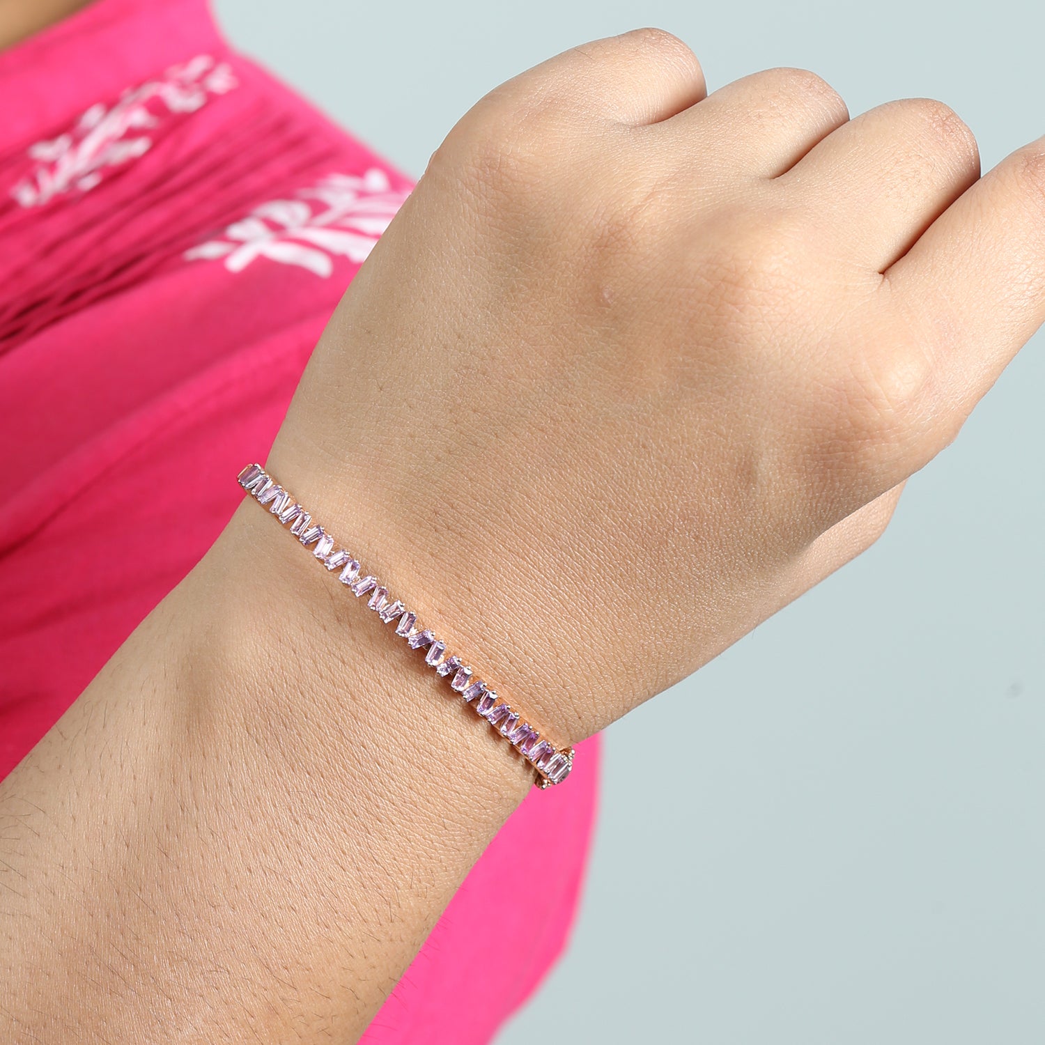 14K Rose Gold Baguette Cut Pink Sapphire Wedding Bangle - Elegant Bridal Jewelry for Weddings, Anniversaries & Special Occasions