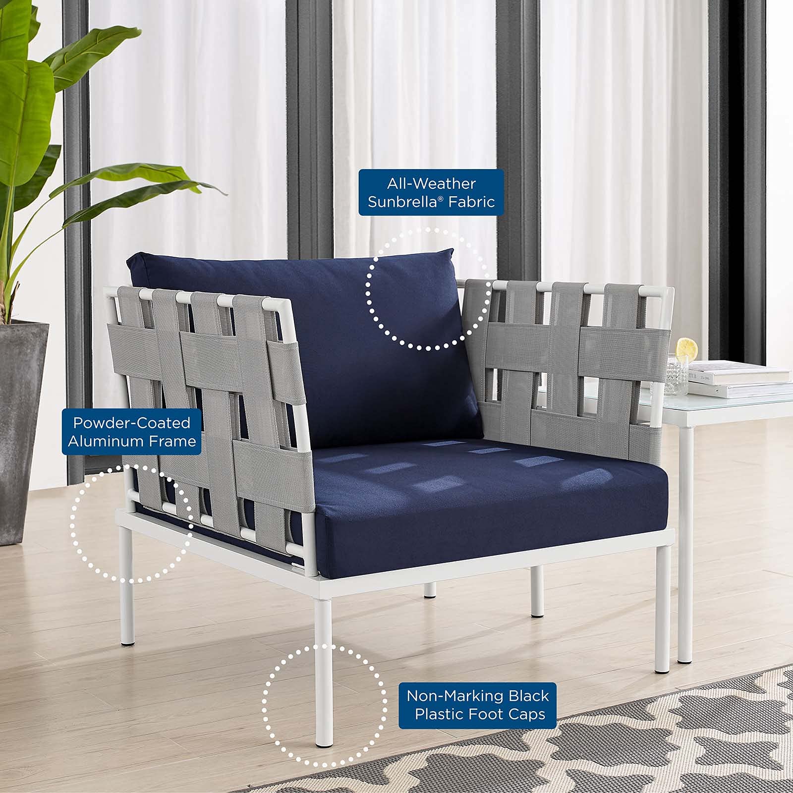 Modern Outdoor Lounge Sectional Sofa Set with Table - Aluminum Frame in Grey & Navy - Perfect for Patio, Garden, and Poolside Relaxation
