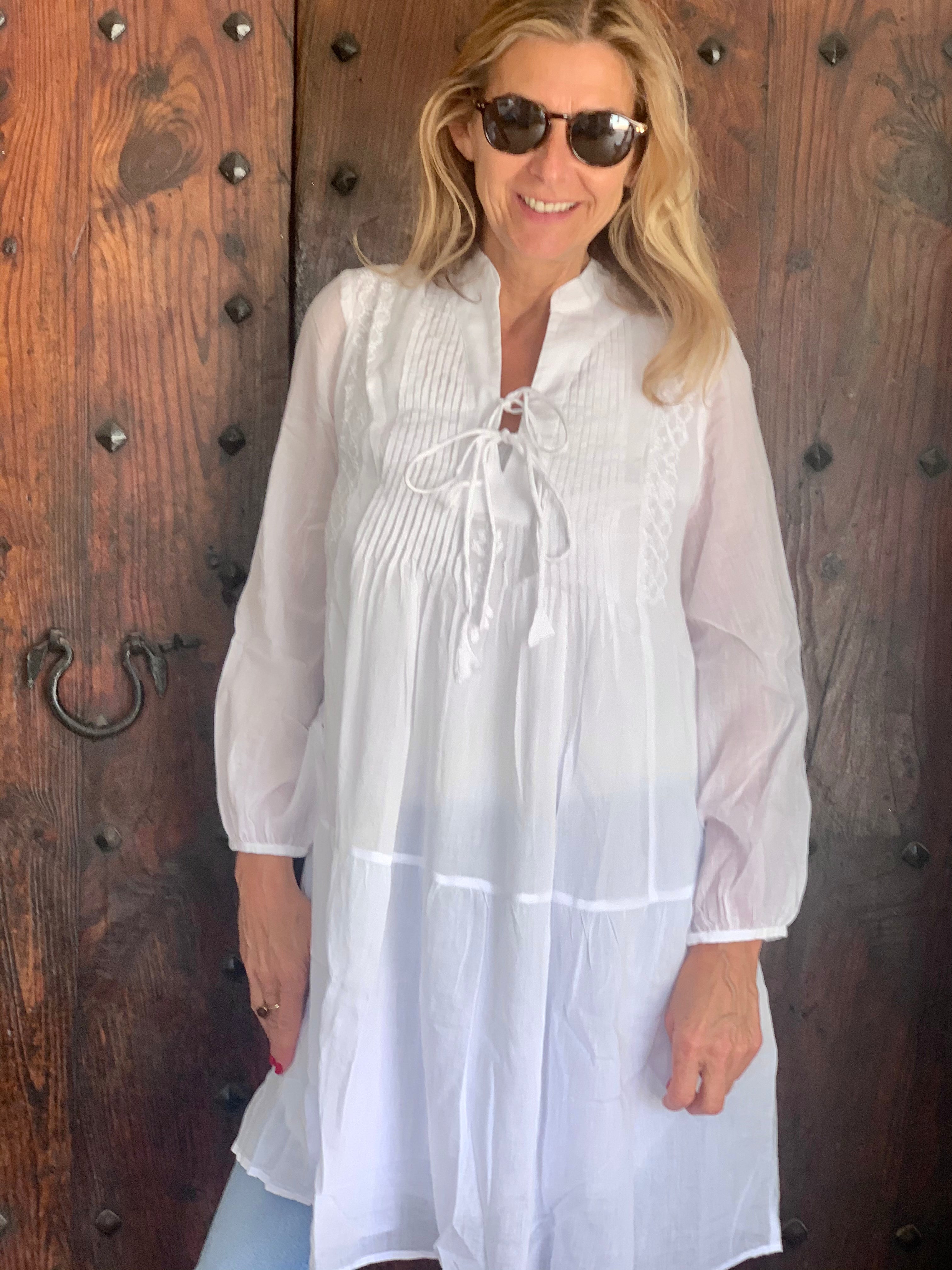 Simran Tunika Dress - White Ibiza Short Sleeve Cotton Dress | Perfect for Beach, Vacation & Summer Outfits