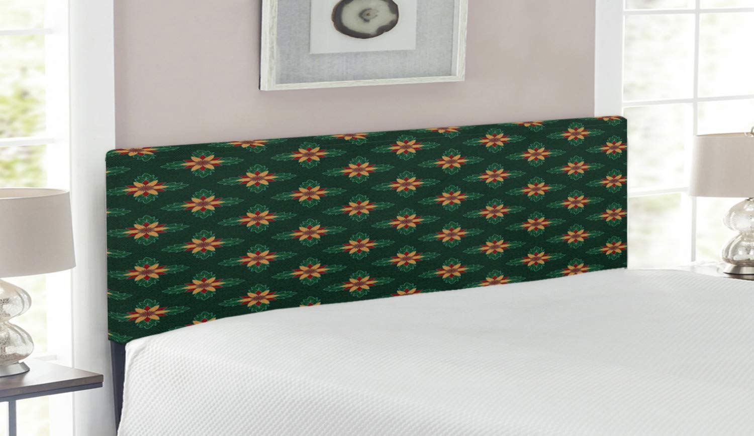 Ambesonne Queen Size Upholstered Headboard with Memory Foam - Ornamental Flower Garden Art Design on Dark Green Background - Decorative Metal Bed Frame Headboard in Apricot Ruby - Perfect for Bedroom Decor, Guest Rooms & Master Suites