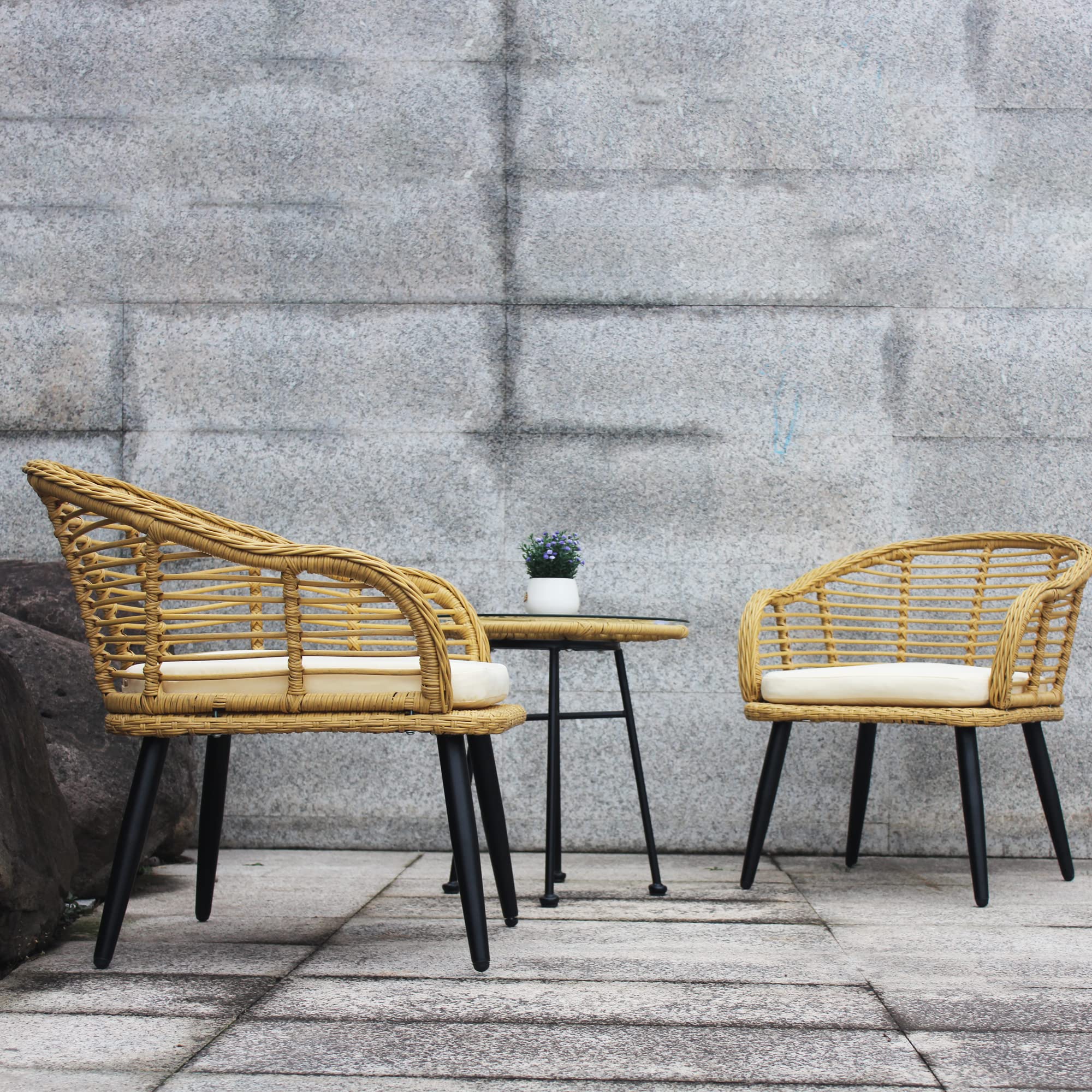 3-Piece Outdoor Bistro Set - Natural Yellow Wicker Chairs with Beige Cushions & Tempered Glass Table - Patio Furniture for Balcony, Garden, or Backyard - Perfect for Coffee, Dining, and Relaxing Outdoors