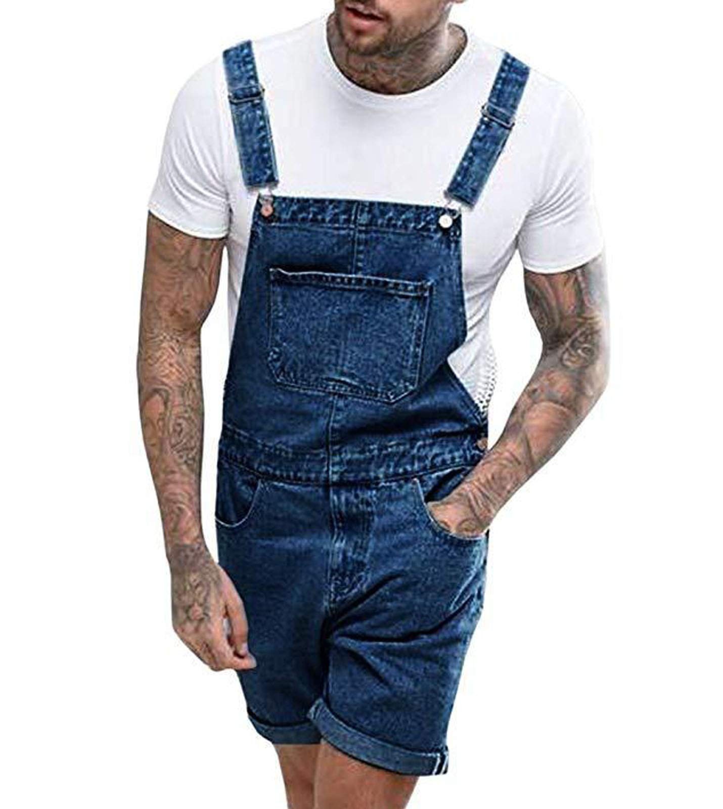 Flygo Men's Bib Denim Overalls - Short Sleeve Jean Romper Jumpsuit Shortalls for Work, Outdoor & Casual Wear