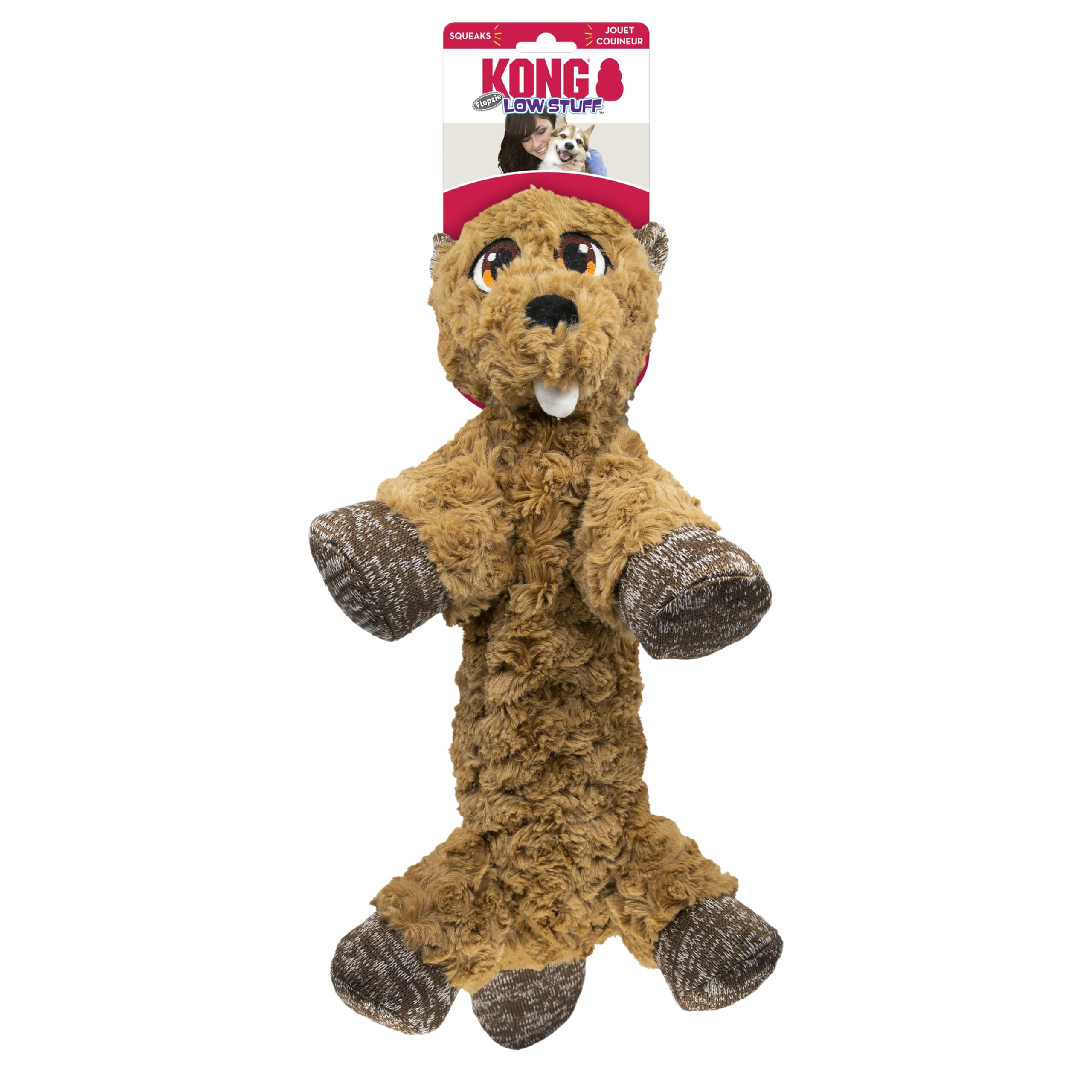 KONG Low Stuff Flopzie Beaver Medium Dog Chew Toy - Durable Rubber Chew for Aggressive Chewers, Interactive Play & Dental Health - Perfect for Indoor & Outdoor Fetch, Training, and Teething Puppies
