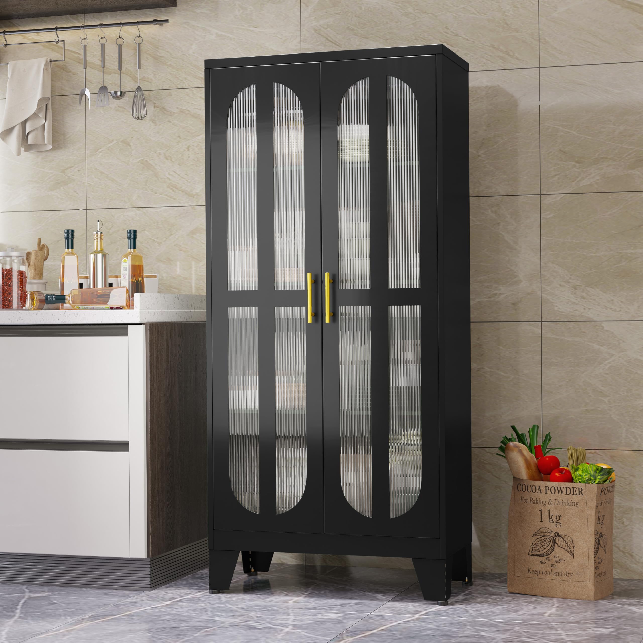 Metal Storage Cabinet with 2 Cross Door Panels & 3 Adjustable Shelves - Kitchen Pantry Organizer for Living Room, Office, Laundry, Dining Room or Outdoor Use - Black (Perfect for Home Organization & Space Saving)