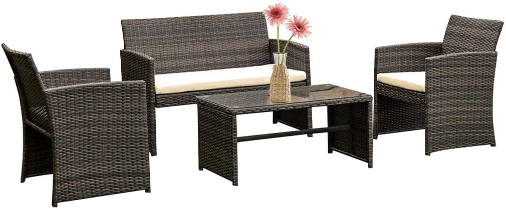 HKELI 4-Piece Outdoor Patio Furniture Set - Wicker Rattan Sofa & Coffee Table - Brown Indoor/Outdoor Garden & Porch Furniture for Relaxation, Entertaining & Backyard Decor