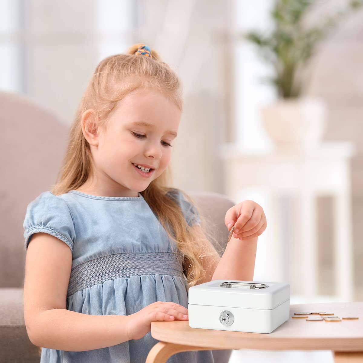 Jssmst Small Lock Cash Box with Key Lock & Money Slot - Secure Money Box for Kids, Home, Office & Retail Use - Durable White Locking Storage Box for Cash, Coins & Valuables