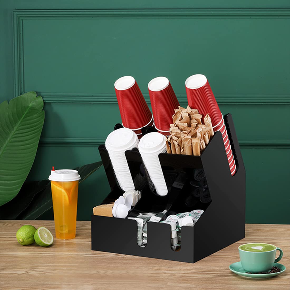 10-Compartment Commercial Coffee Condiment & Cup Organizer - Large Coffee Cup and Lid Holder for Breakroom, Coffee & Milk Tea Shop (Black) - Perfect for Organizing Coffee Stations & Drink Accessories