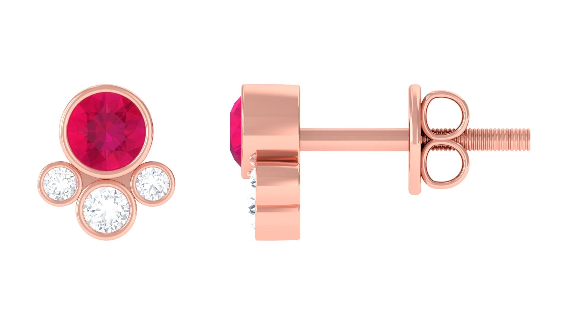 14K Solid Gold Ruby and Diamond Stud Earrings for Women - Bezel Set Contemporary Cluster Earrings | Perfect for Weddings, Parties & Special Occasions