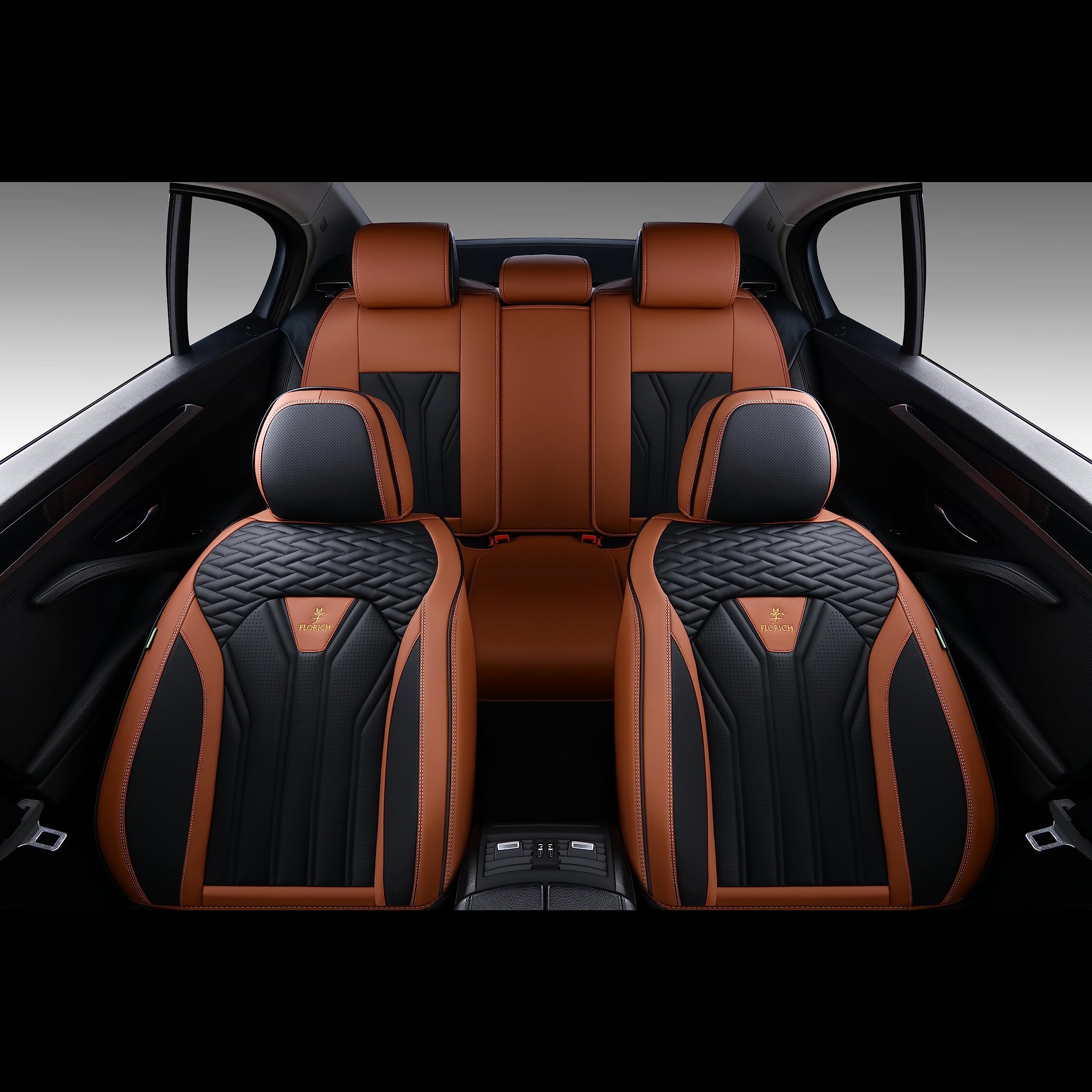 Premium FLORICH Leather Car Seat Covers Full Set (5 Seats) - Universal Fit for Most Cars & Trucks - Brown & Black - Luxury Protection & Comfort for Daily Commute, Road Trips & Family Travel