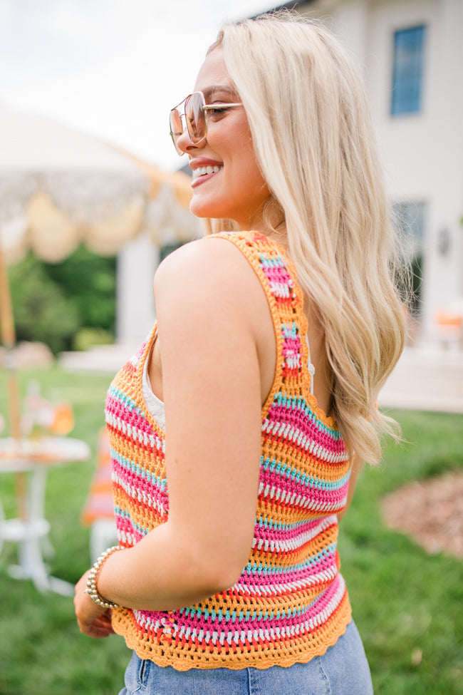 We Were Us Pink and Orange Multi Stripe Crochet Tank Top - Women's Summer Beachwear, Boho Style, Final Sale