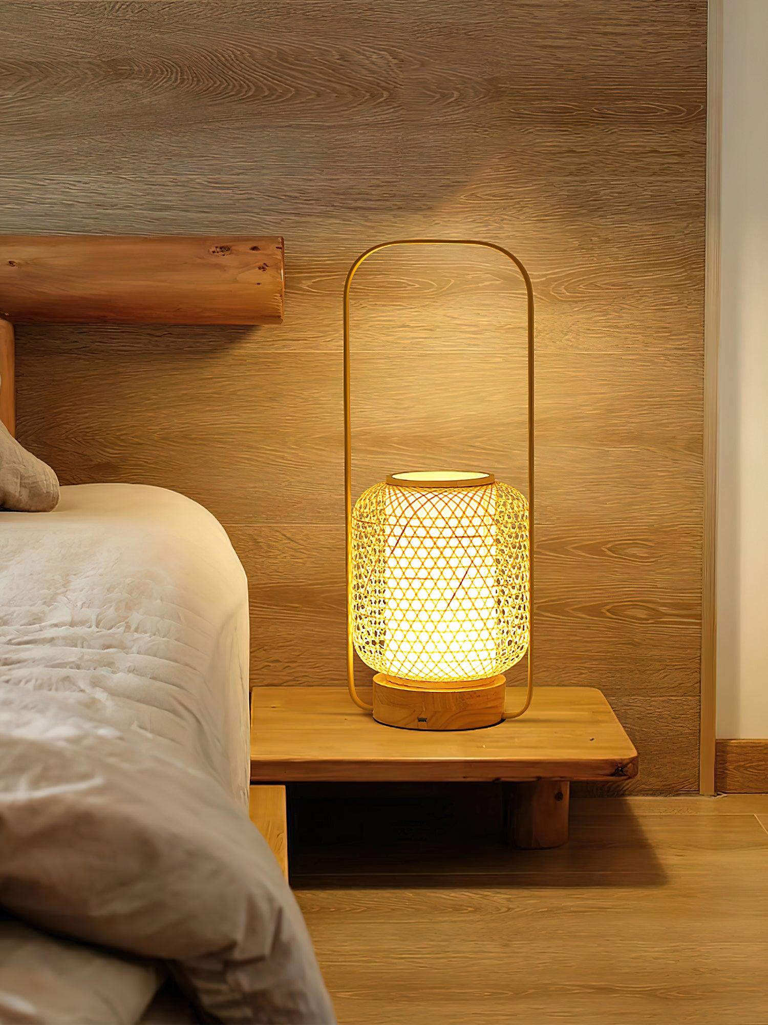 Eco-Friendly Bamboo Lantern Table Lamp - Handmade Natural Rattan Nightstand Light for Bedroom, Living Room, Patio & Outdoor Decor
